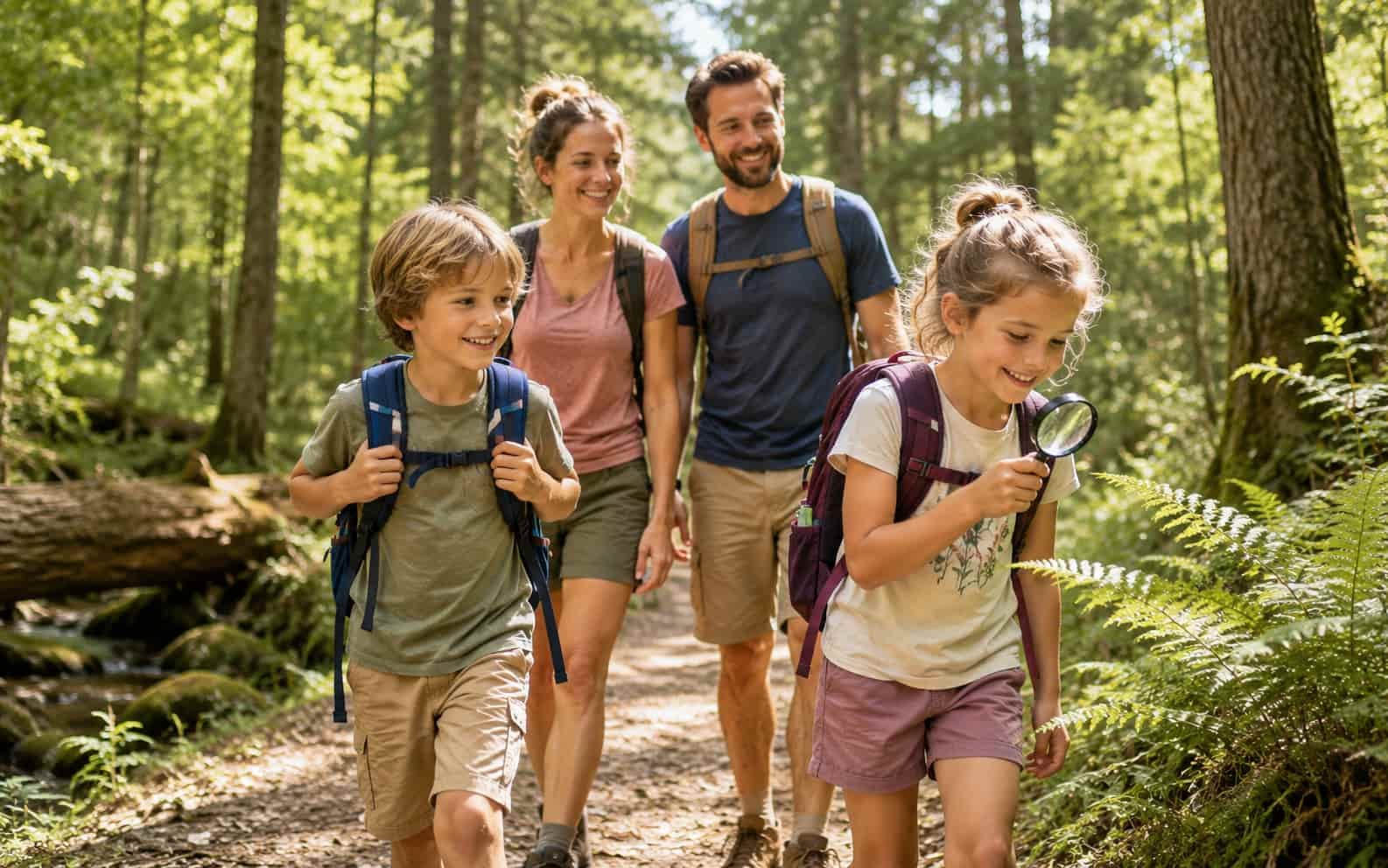 Familie wandert mit Kindern auf einem Waldweg