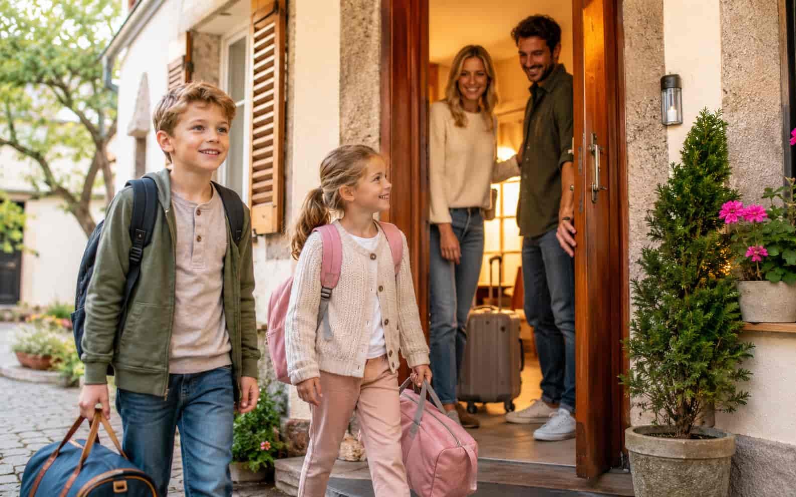 Familie kommt in einer Ferienwohnung in Ascheberg an