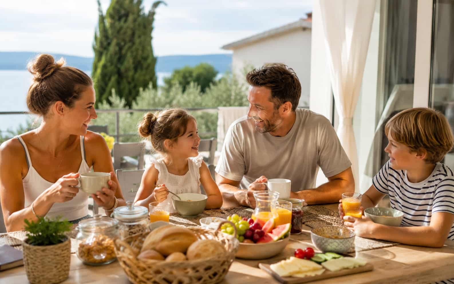 Familie frühstückt entspannt im Familienurlaub