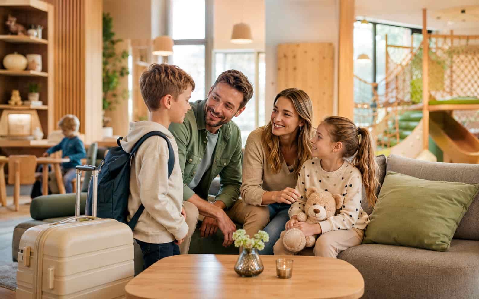 Familie in heller Hotellobby oder freundlichem Aufenthaltsbereich