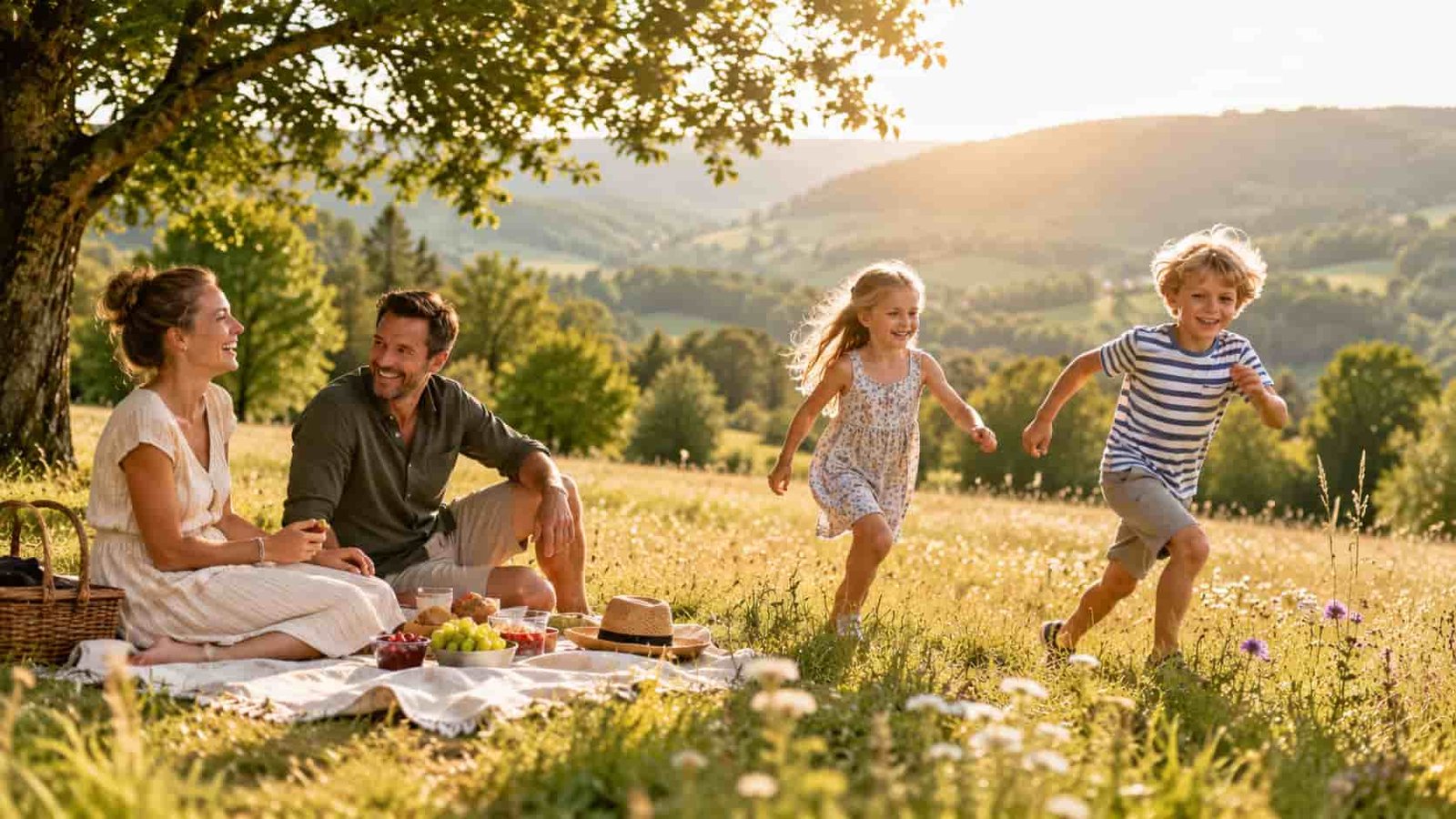 Familie erlebt Sommerferien auf einer Wiese mit Picknickdecke