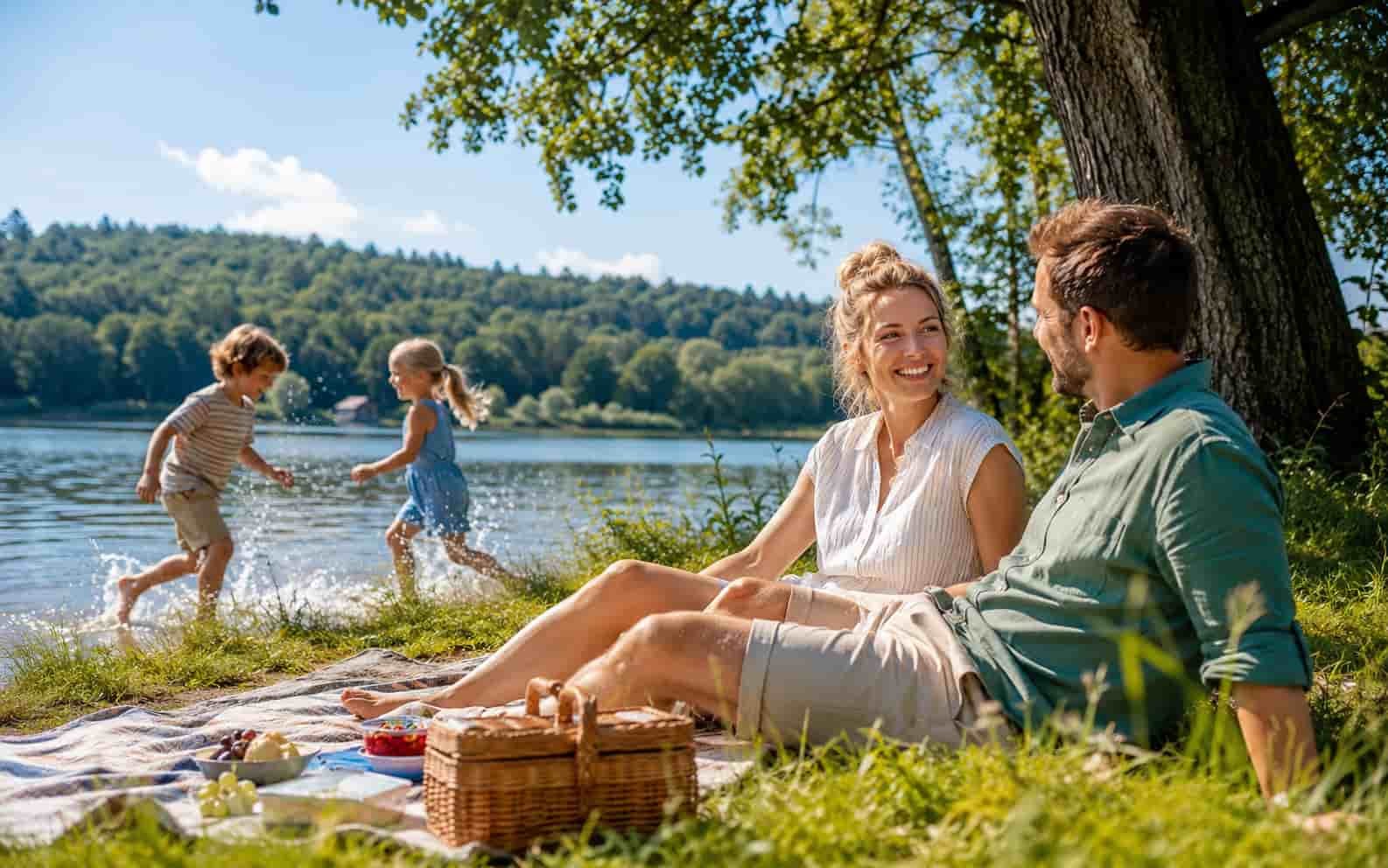 Familie verbringt Sommerferien am See oder im Park