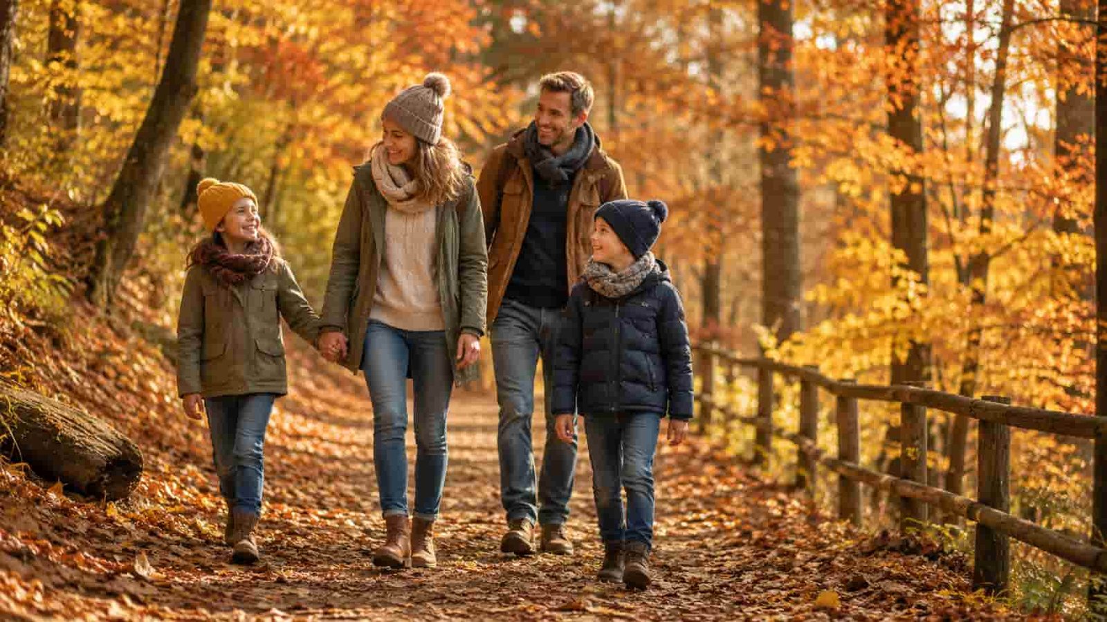 Familie läuft durch buntes Herbstlaub in den Herbstferien