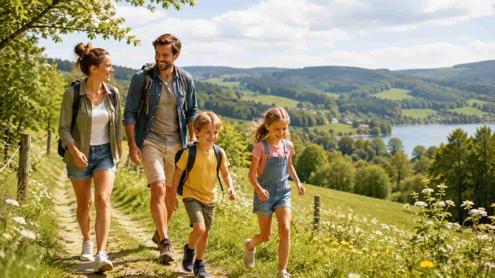 Familie genießt Pfingstferien im Frühsommer im Grünen