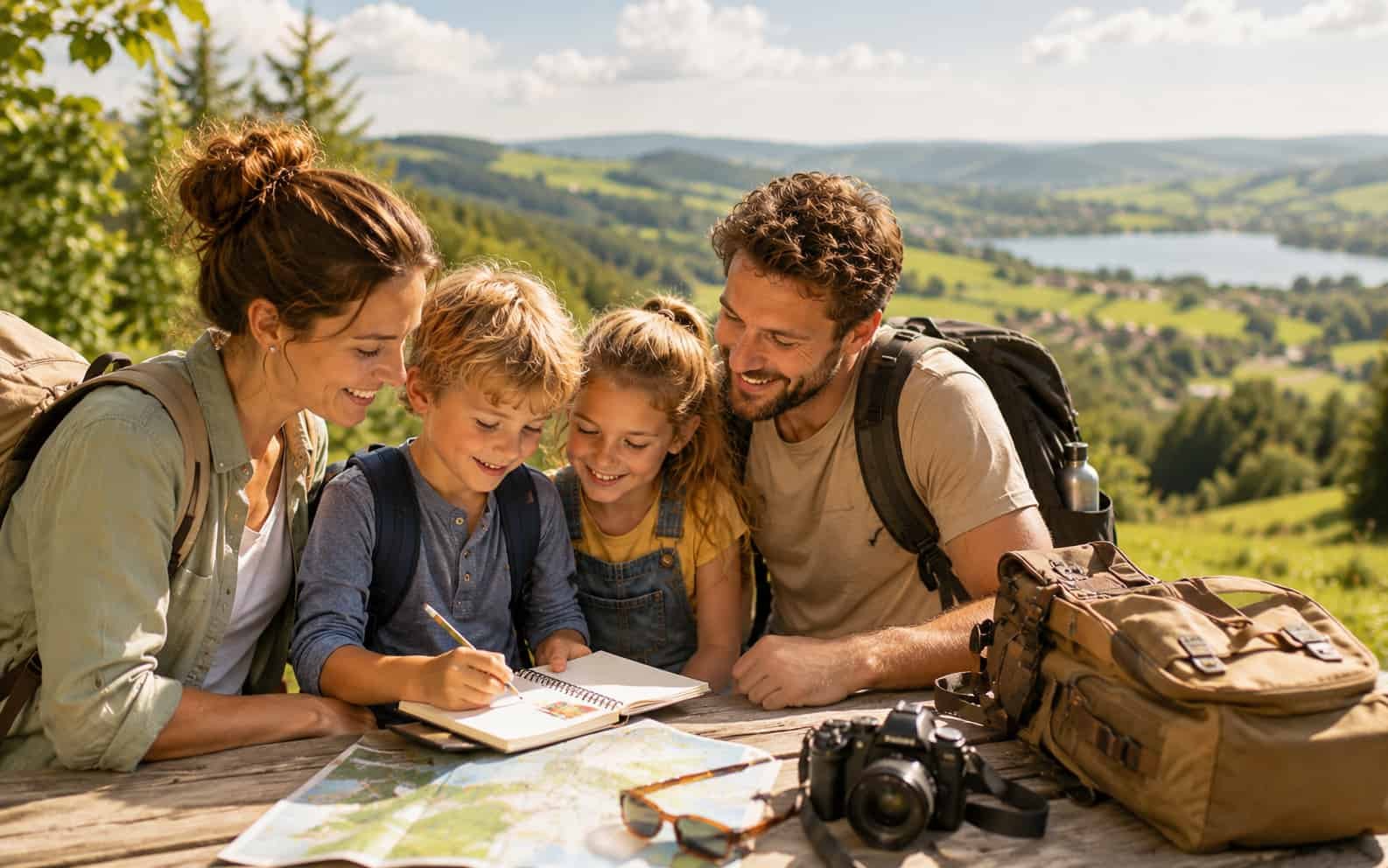 Familie plant Ferienideen mit Notizbuch und Blick in eine sonnige Landschaft