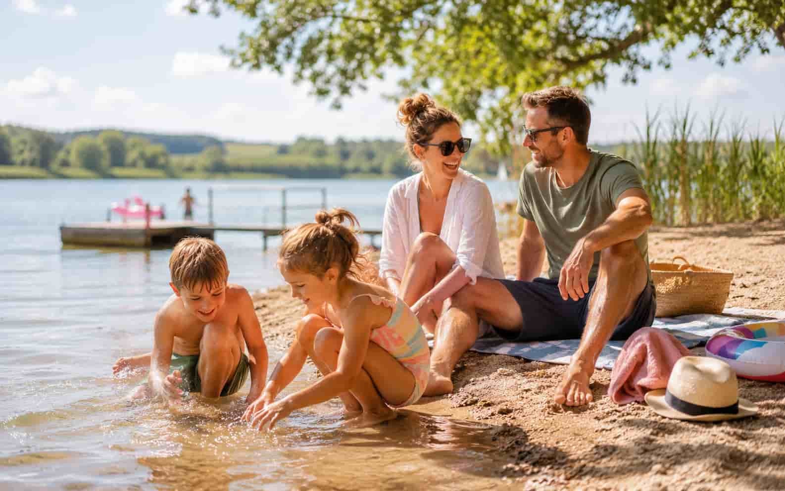 Familie an einem Badesee als Sommerferienidee mit Kindern