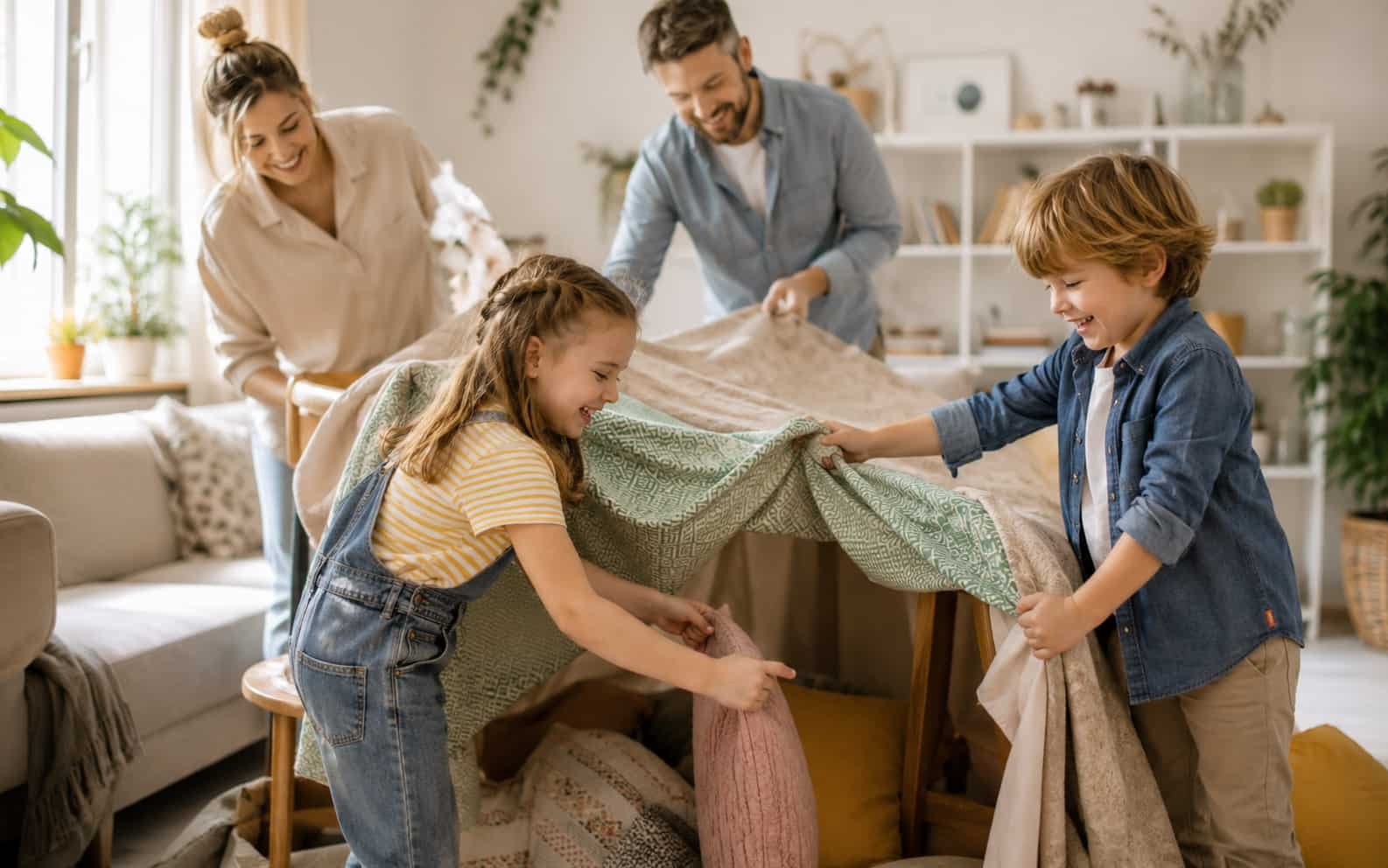 Kinder bauen zuhause eine Spielhöhle