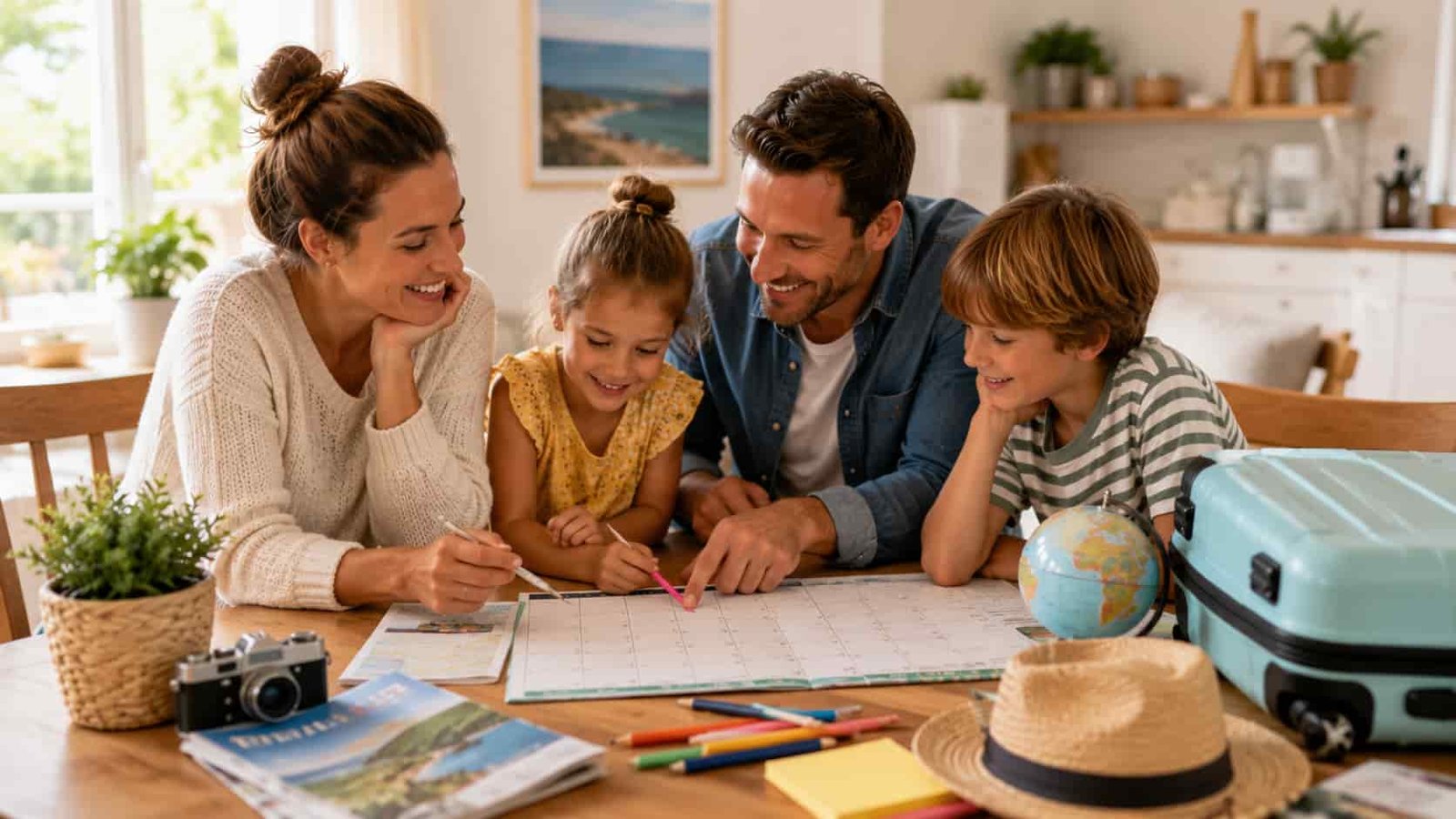 Familie plant die Schulferien an einem hellen Tisch mit Kalender und Koffer