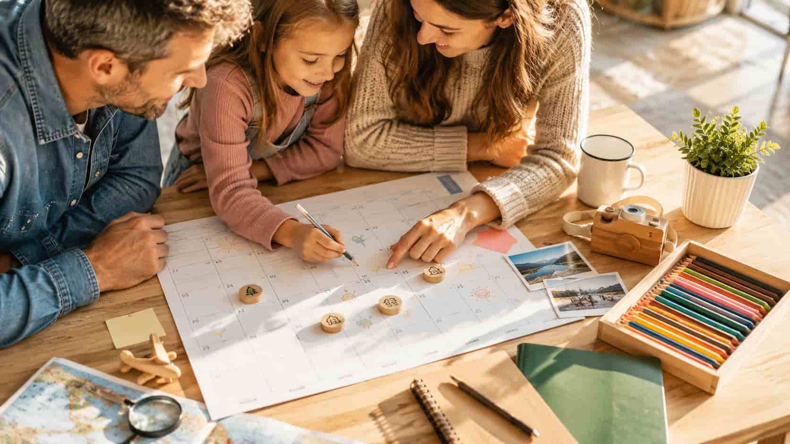 Ferienkalender mit Stiften und Familienhänden