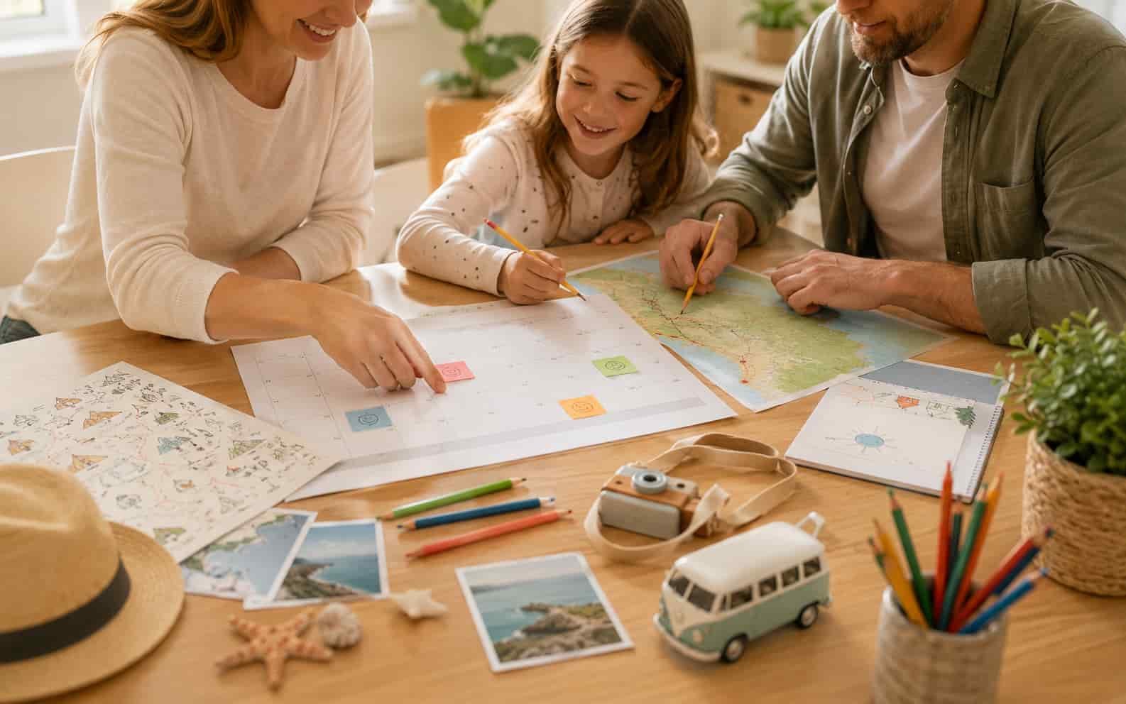 Heller Familientisch mit Kalender, Stiften und Notizen