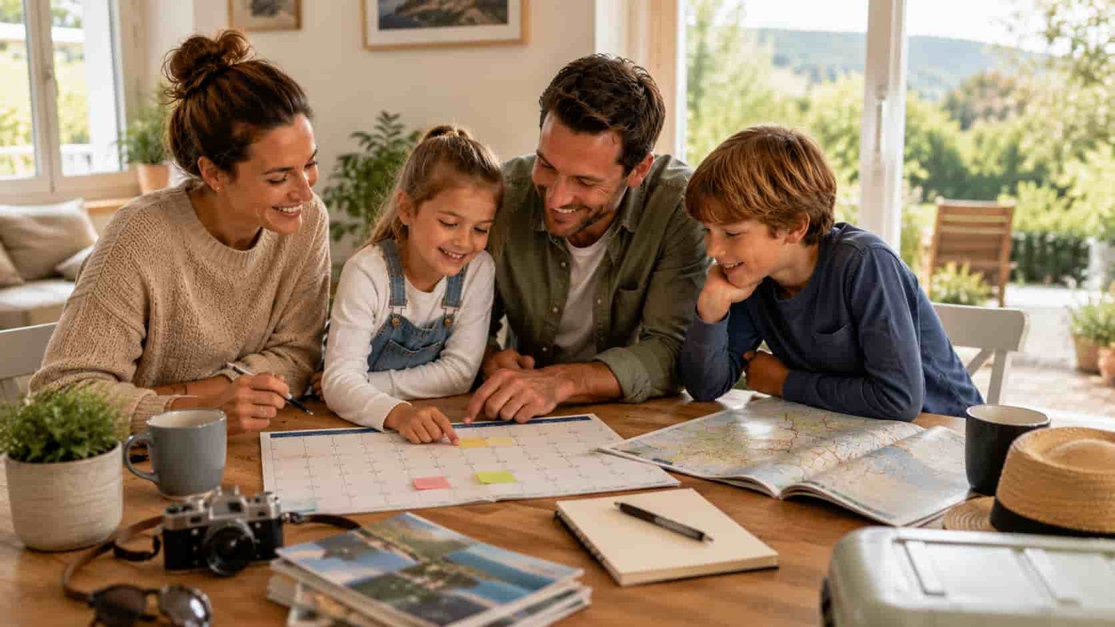 Familie plant kurze Auszeiten mit Kalender und Karte