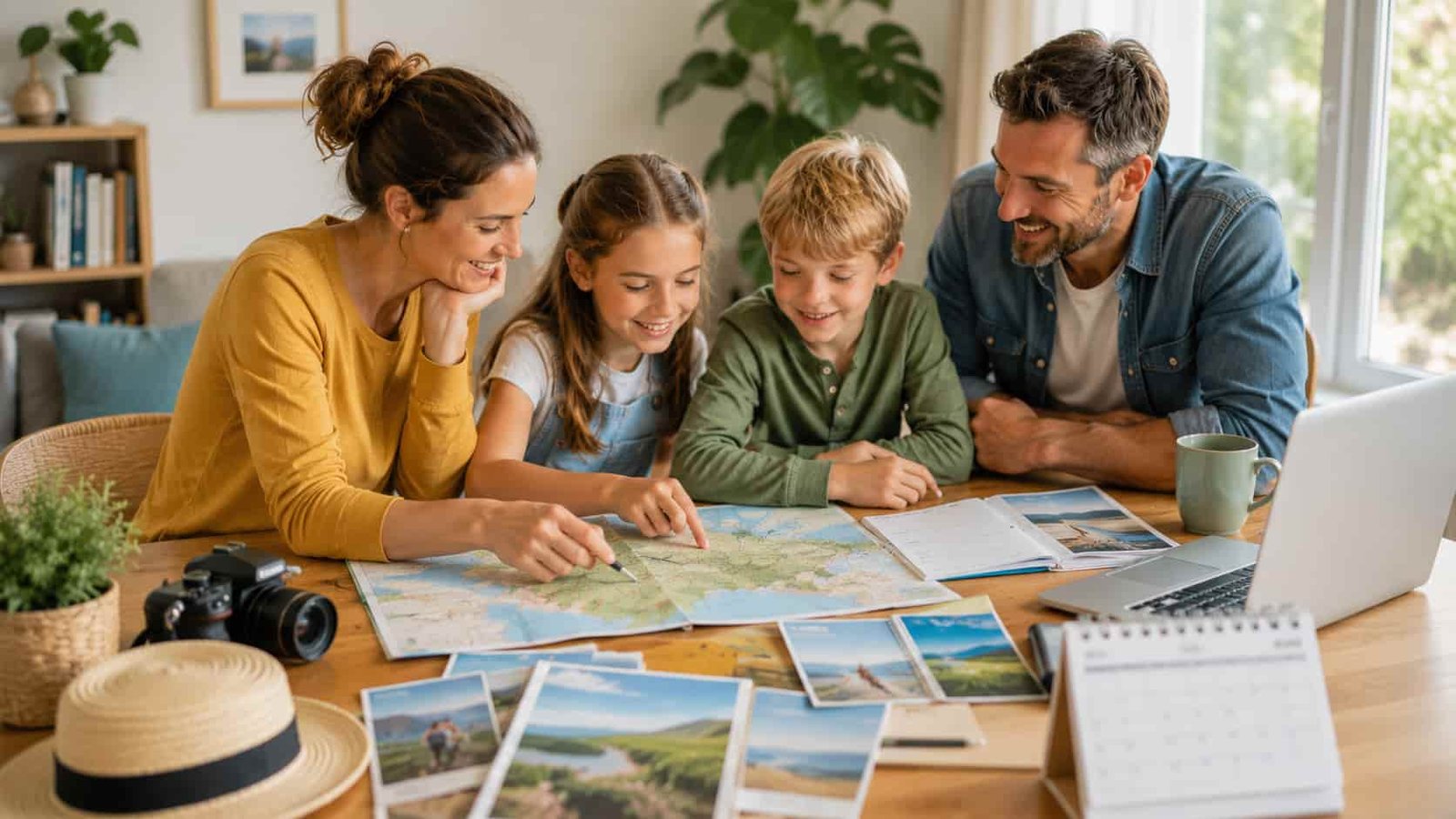 Eltern und Kinder planen gemeinsam Ferienziele am Tisch