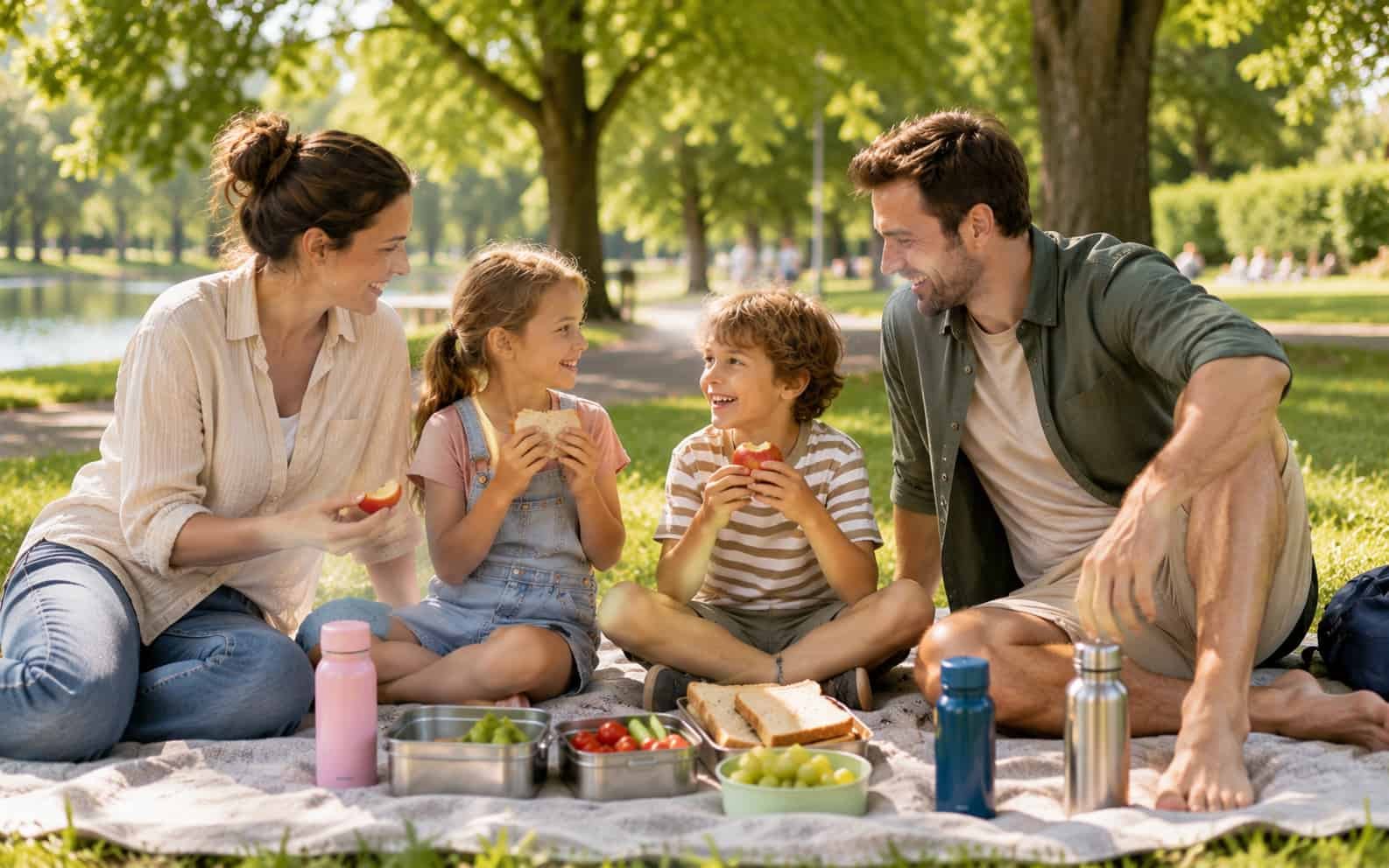 Familie macht ein einfaches Picknick im Park