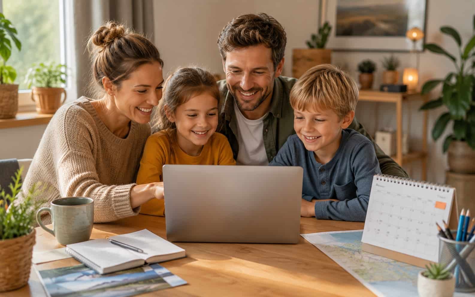 Familie schaut gemeinsam auf einen Laptop neben Kalender und Notizbuch