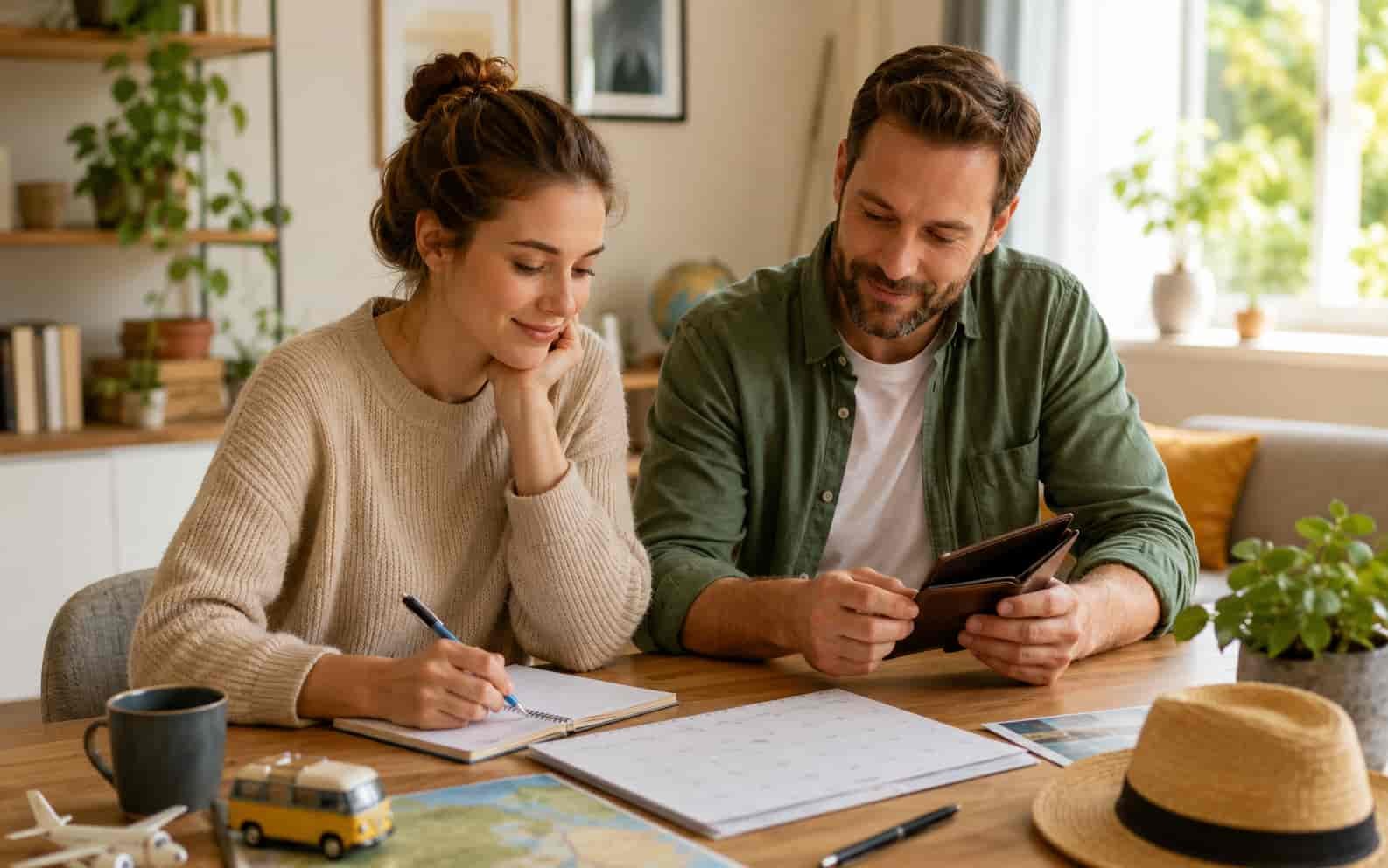 Eltern planen Ferienbudget und Termine mit Notizbuch, Portemonnaie und Kalender