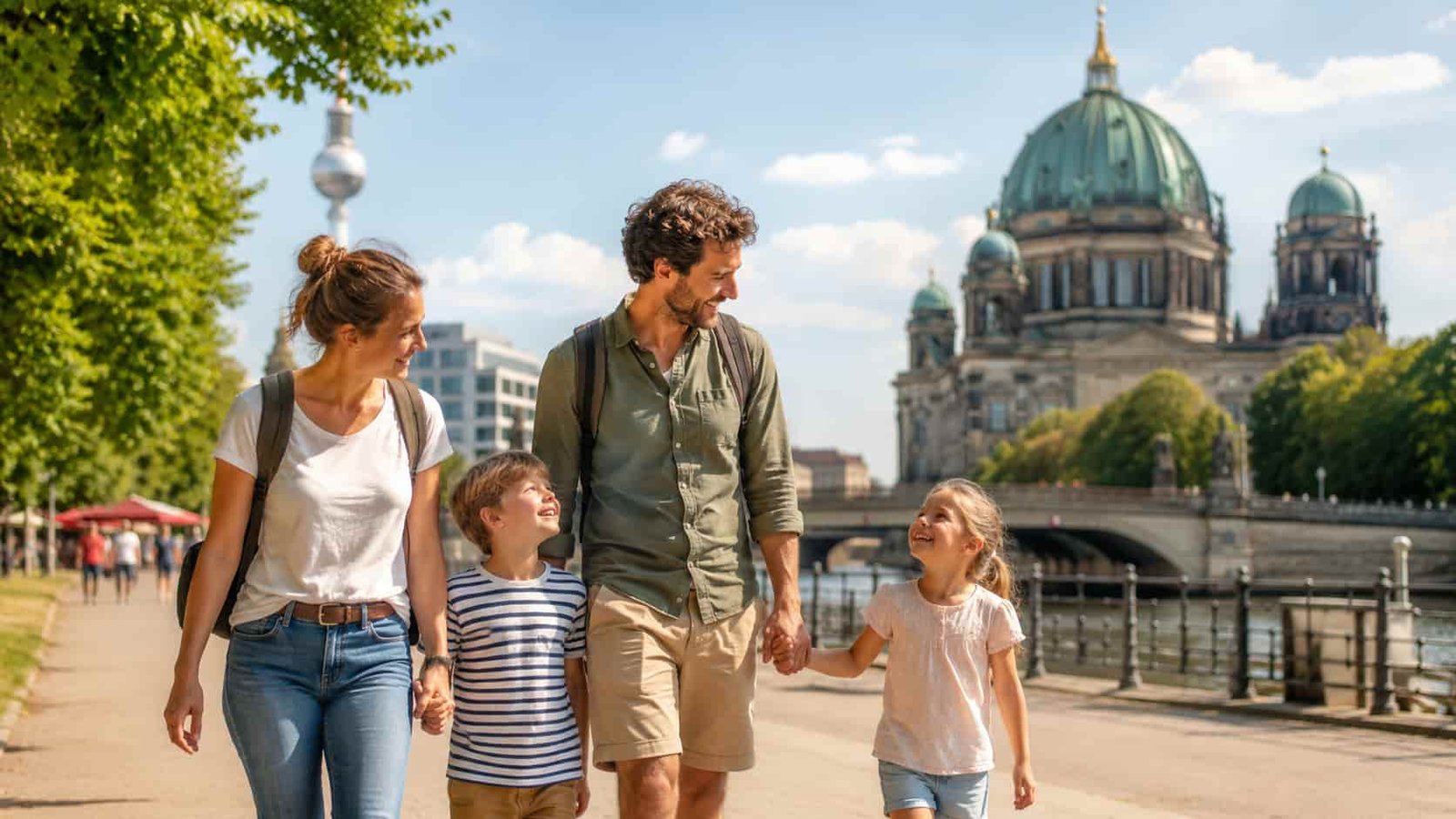 Familie bei einem lockeren Stadtausflug in grüner urbaner Umgebung