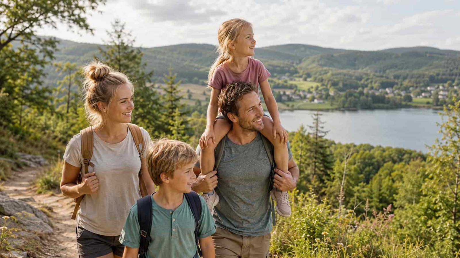 Familie verbringt Ferien im Sauerland mit Kindern in grüner Hügellandschaft