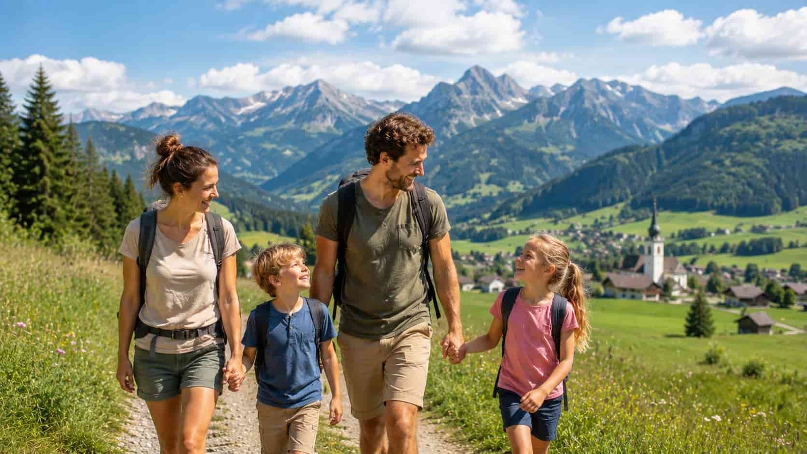 Familie in grüner Voralpenlandschaft mit Bergen