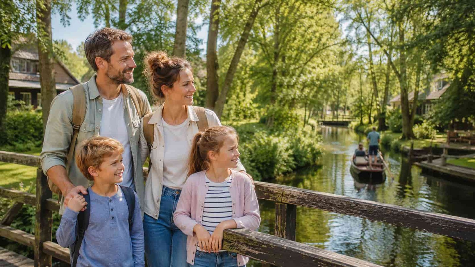 Familie verbringt Ferien in Brandenburg mit Kindern an Wasserwegen und grüner Natur