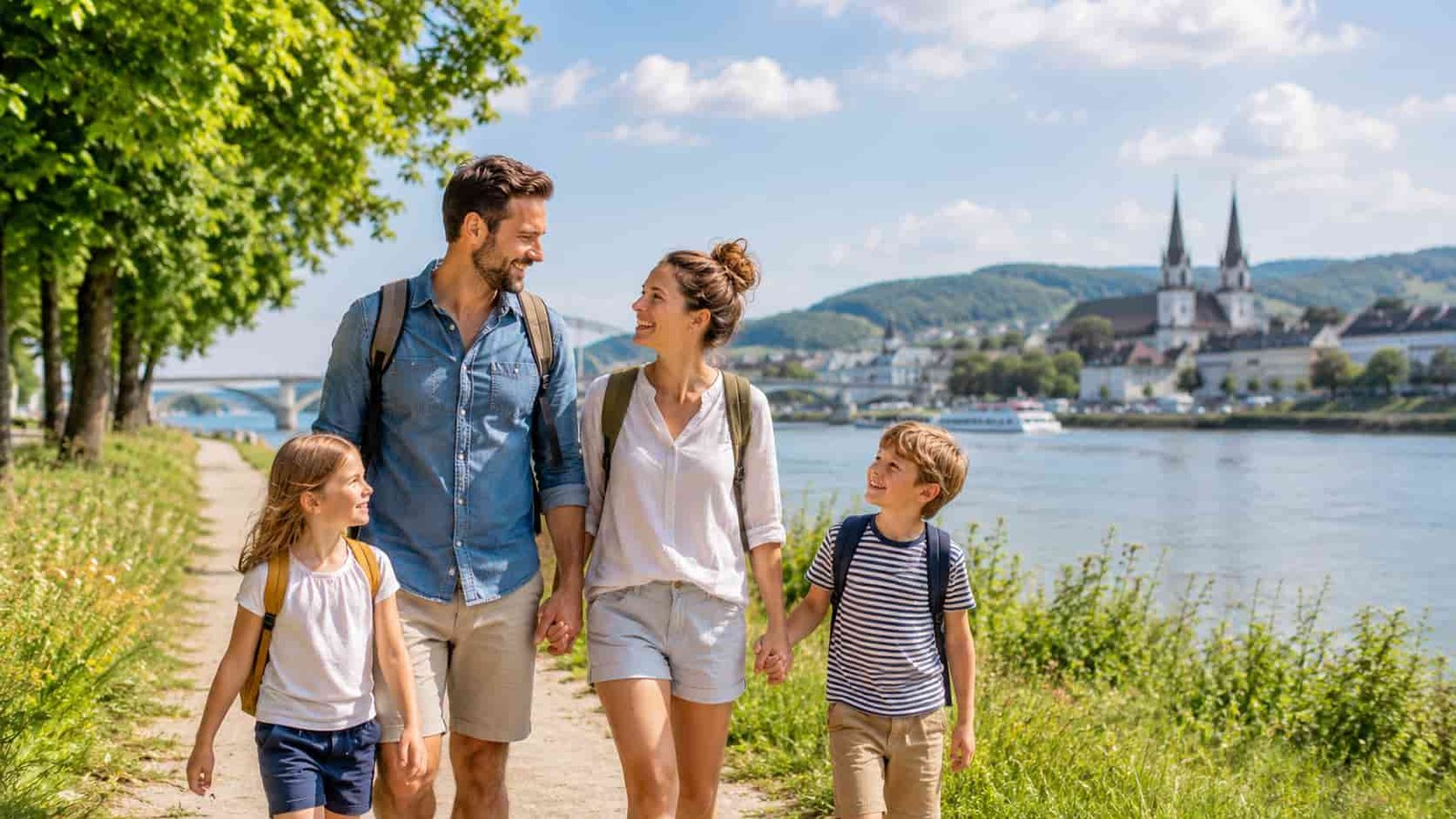 Familie unterwegs in abwechslungsreicher Rheinland-Landschaft mit Wasser und Grün