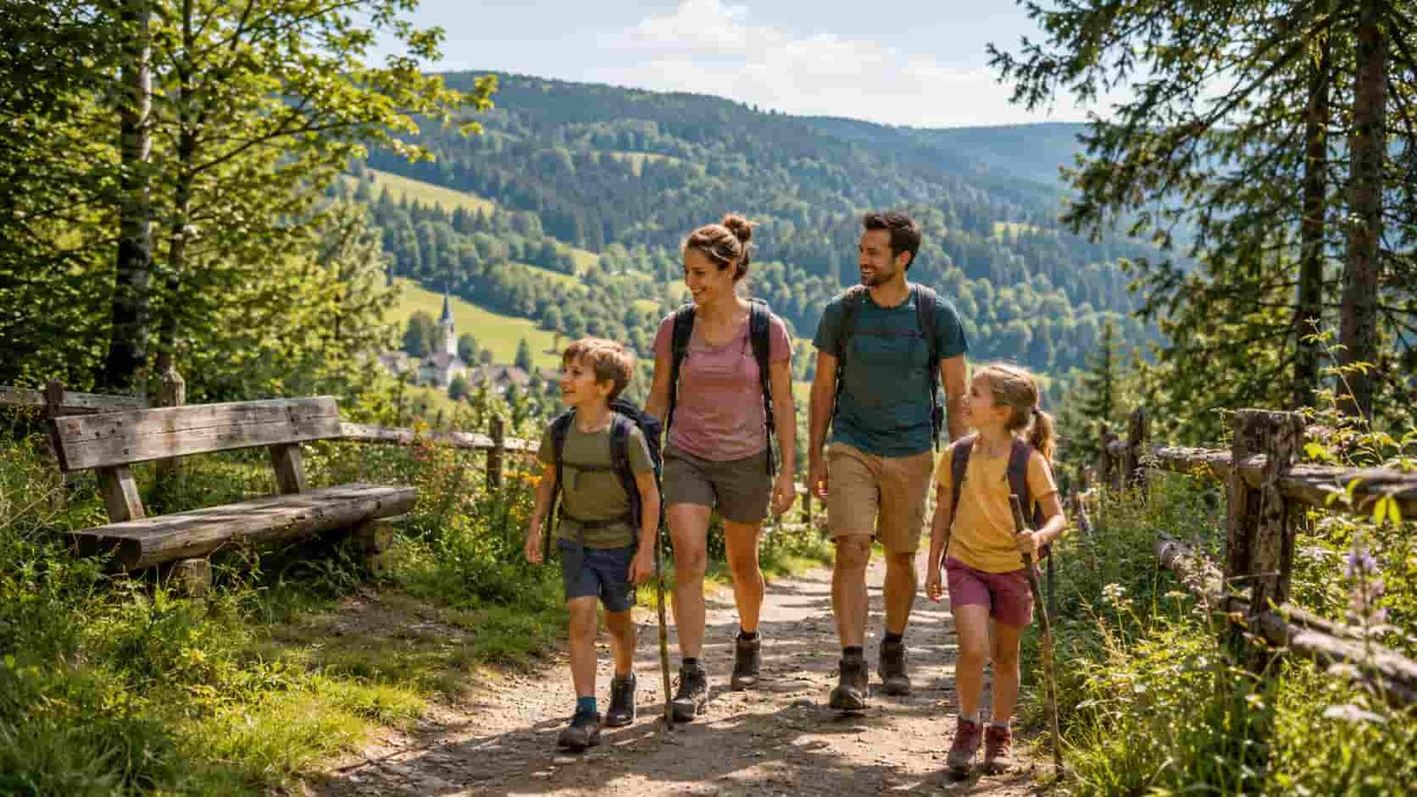 Familie in einer waldreichen Mittelgebirgslandschaft