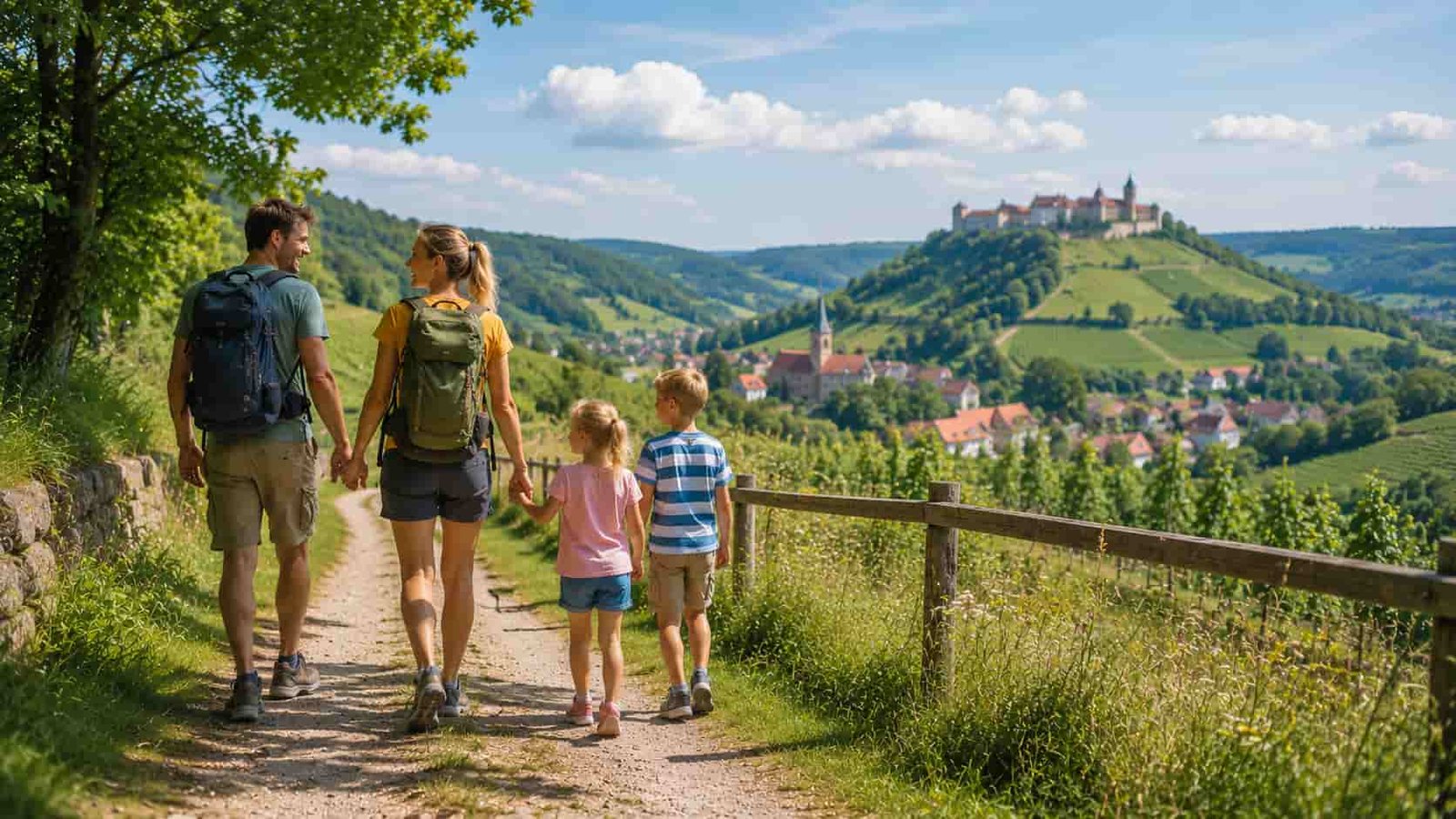 Familie kommt entspannt in einer Ferienunterkunft an