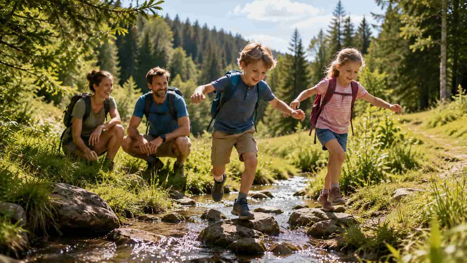 Familie erlebt Aktivitäten mit Kindern draußen in der Natur