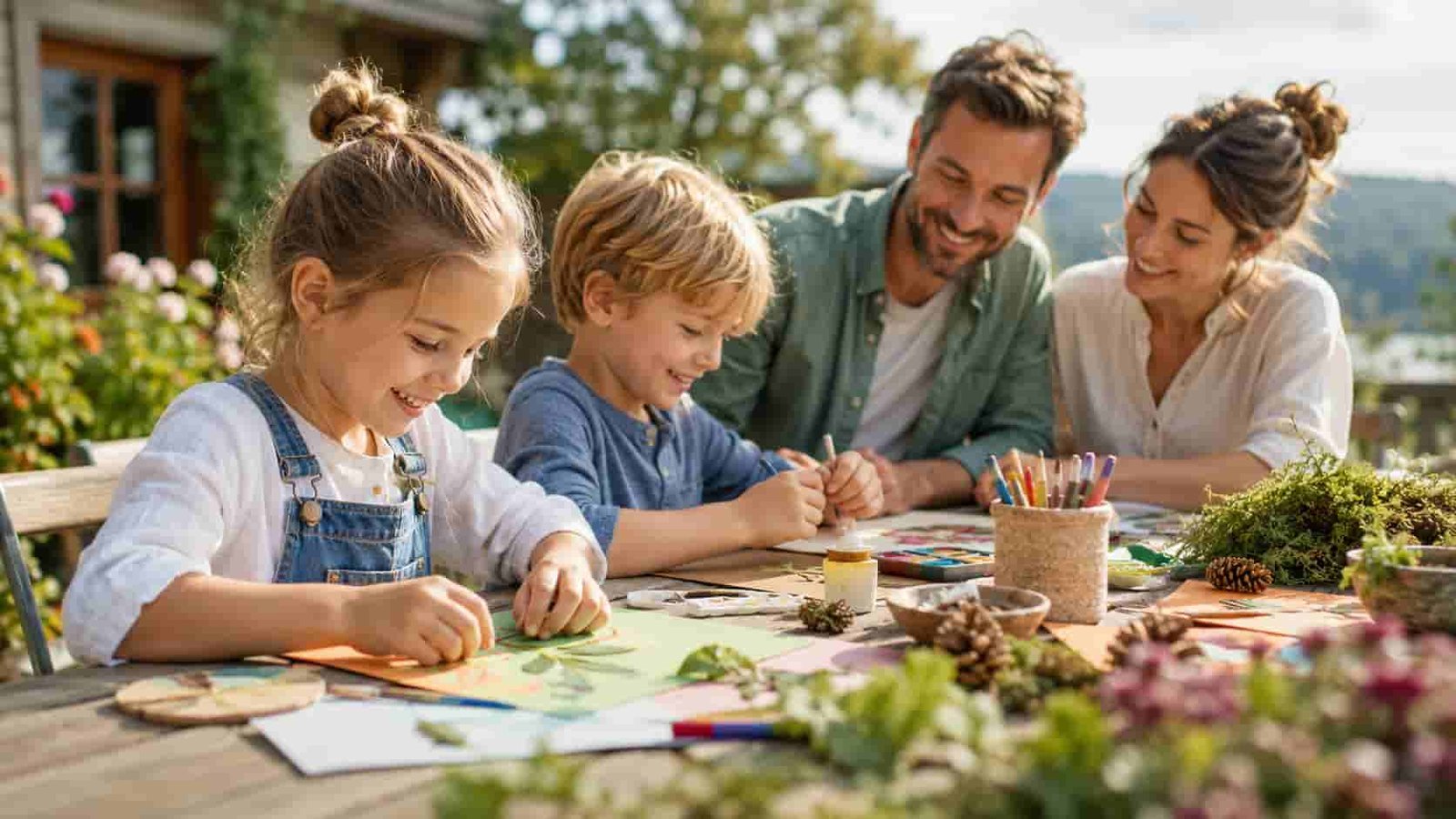 Kinder gestalten kreative Ferienideen mit Bastelmaterial am Tisch