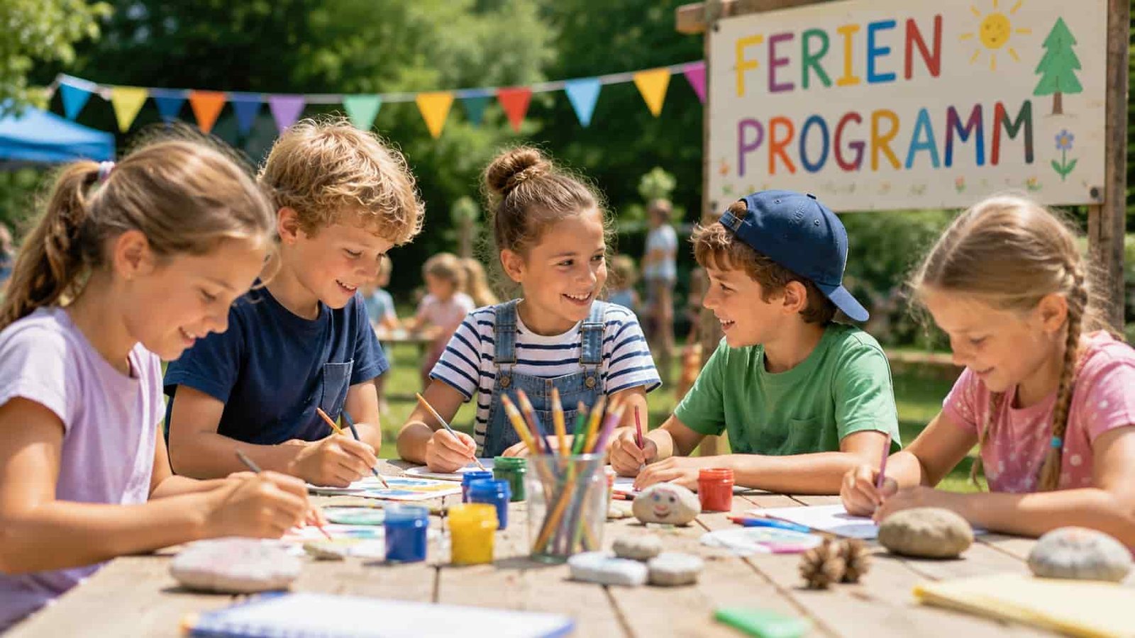 Familie plant ein Ferienprogramm für Kinder mit Spielen und Aktivitäten