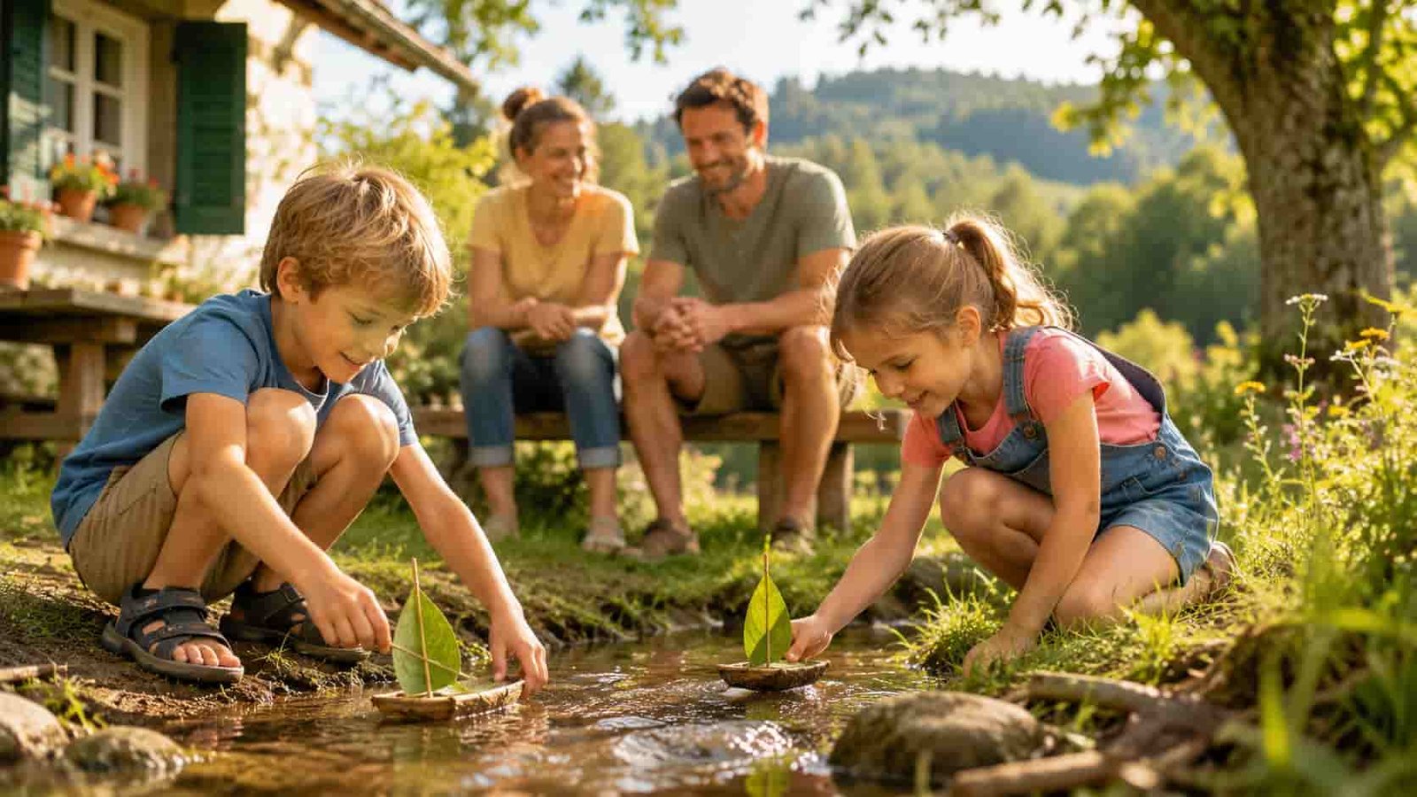 Kinder sind in eine spielerische Ferienbeschäftigung vertieft, Eltern begleiten im Hintergrund