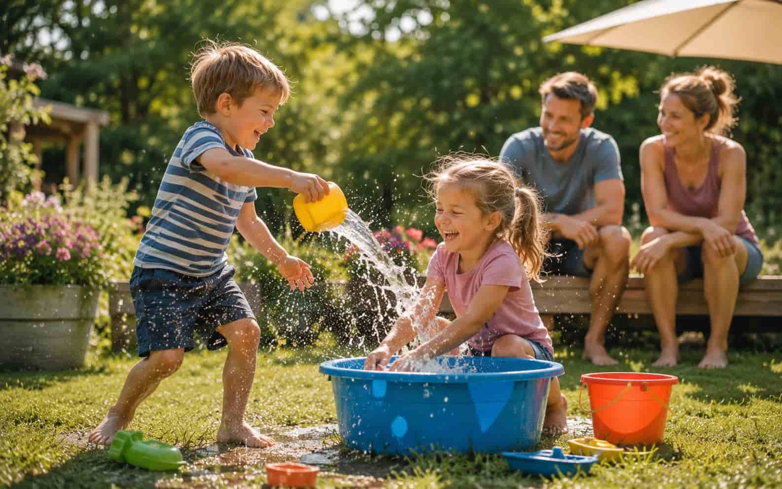 Kinder spielen draußen ein Wasserspiel im Sommer