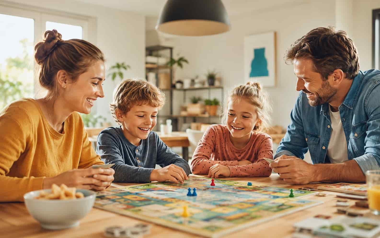Familie spielt ein Brettspiel im Ferienprogramm zu Hause