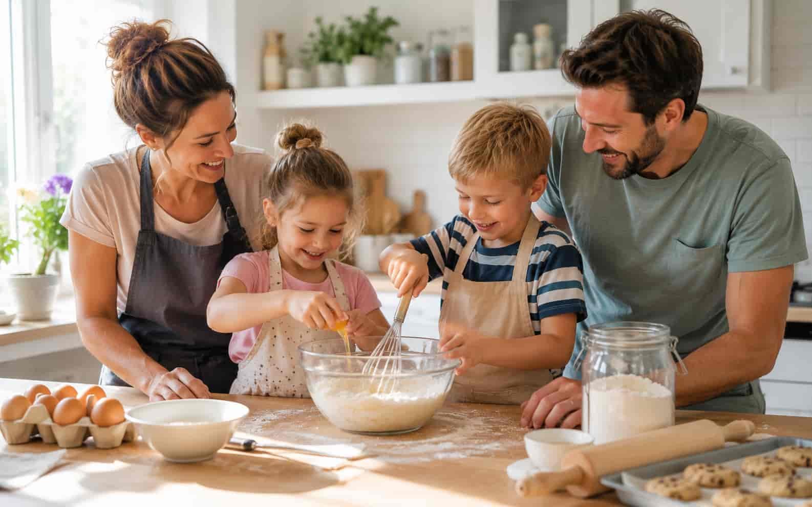 Kinder backen gemeinsam als Teil eines Ferienprogramms