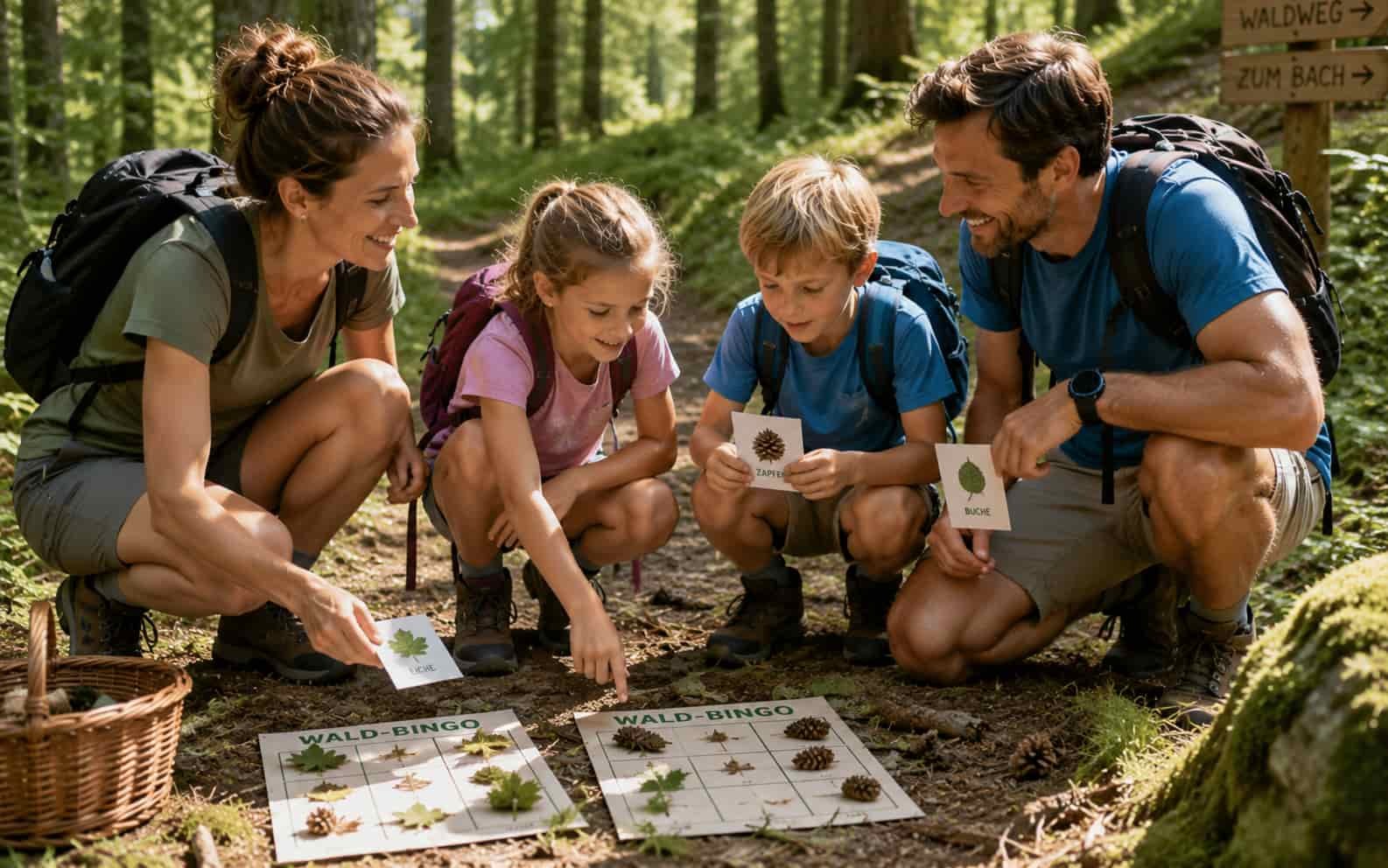 Kinder spielen Wald-Bingo oder Naturspiel in den Ferien