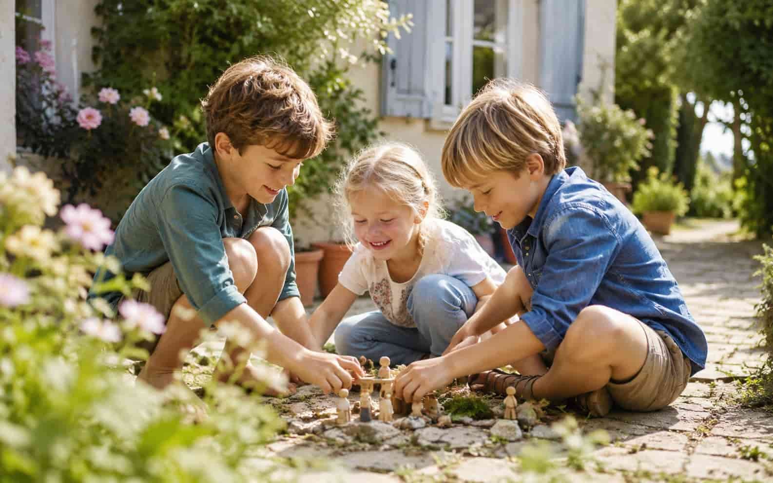Geschwister spielen gemeinsam und finden eine fröhliche Ferienidee