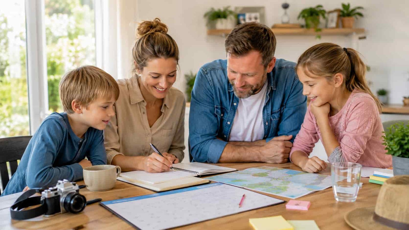 Familie plant Ferien ruhig am Tisch mit Kalender und Karte