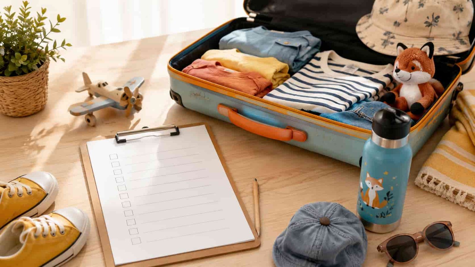 Reisetasche mit Familienpackliste und Kindersachen