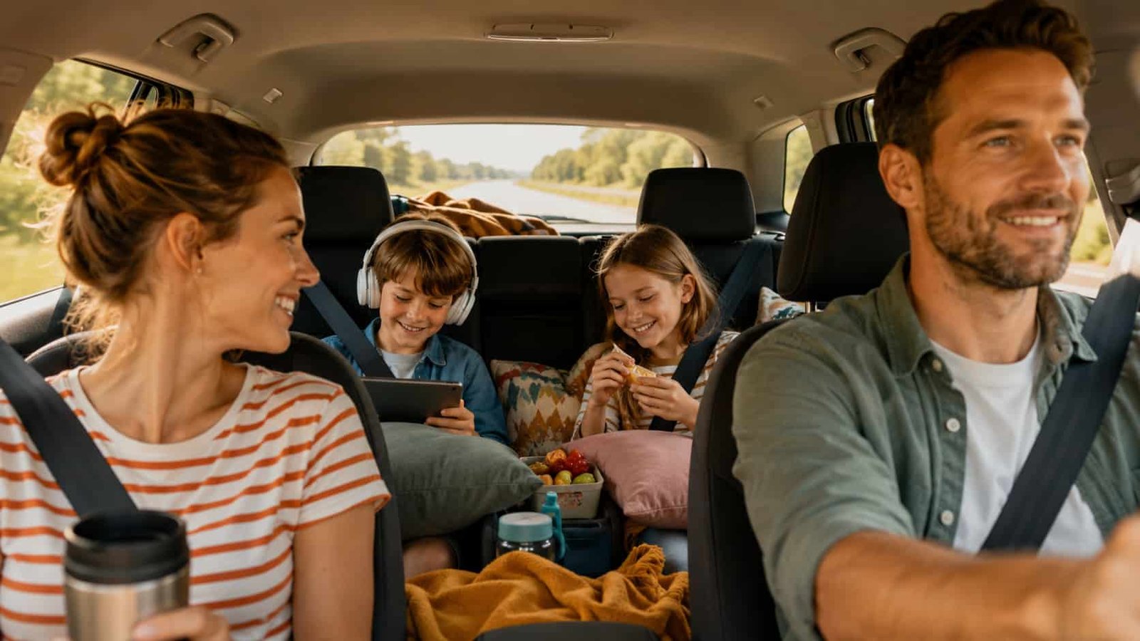 Familie unterwegs im Auto mit Kindern auf der Rückbank