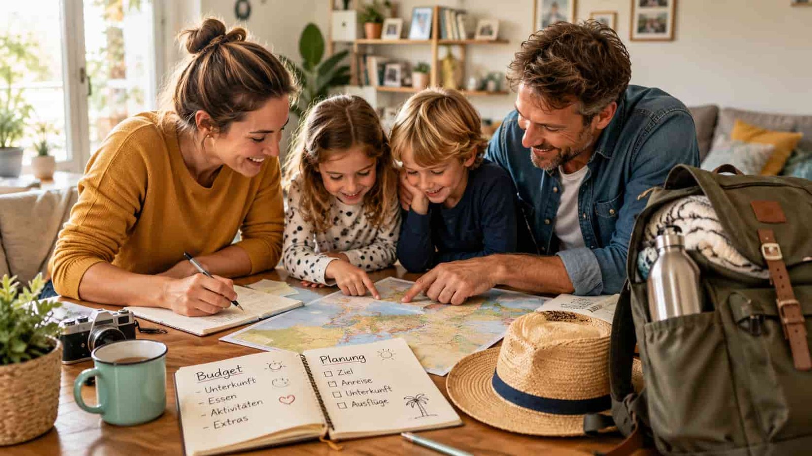 Familie plant günstige Ferien mit Notizbuch und Reiseideen