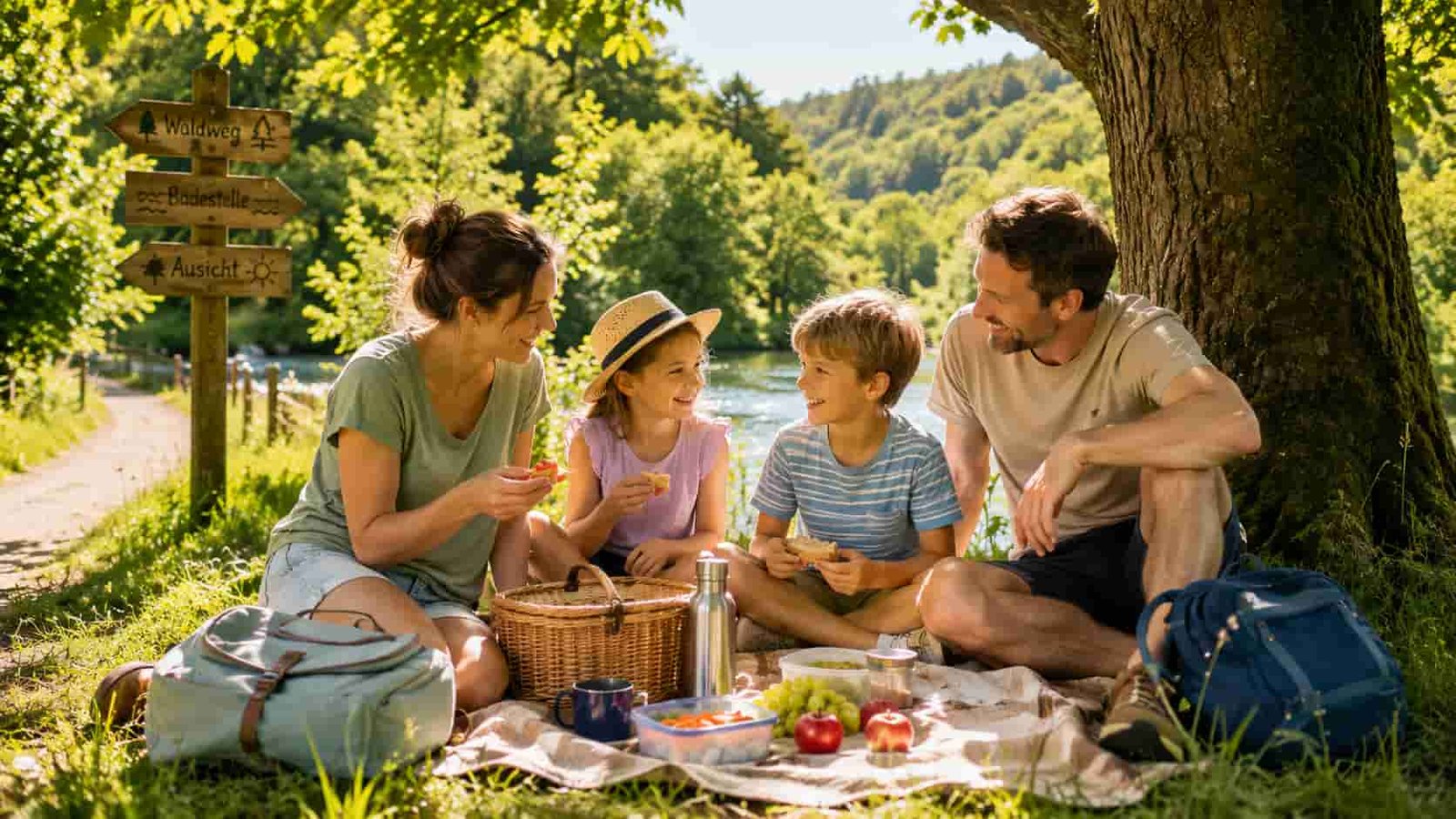 Familie genießt Ferien mit kleinem Budget bei einem einfachen Picknick im Grünen