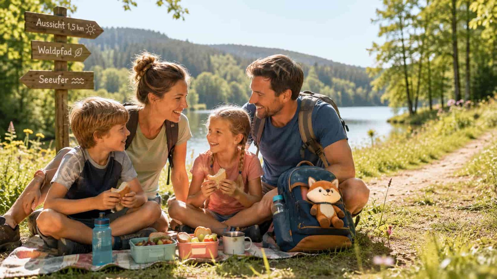 Familie unterwegs bei einem günstigen Tagesausflug mit Brotbox und Rucksack