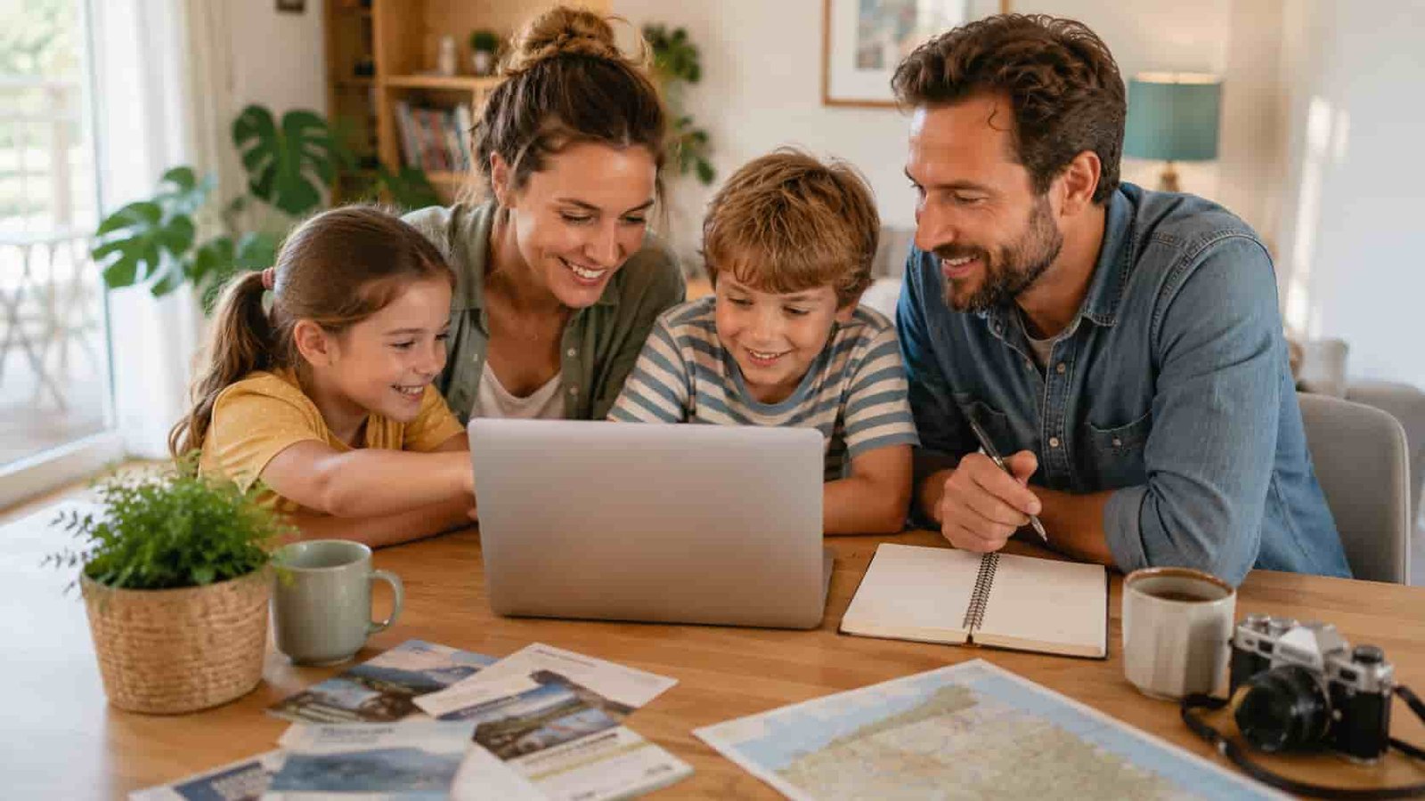 Elternteil sucht am Laptop günstige Ferienprogramme für Kinder