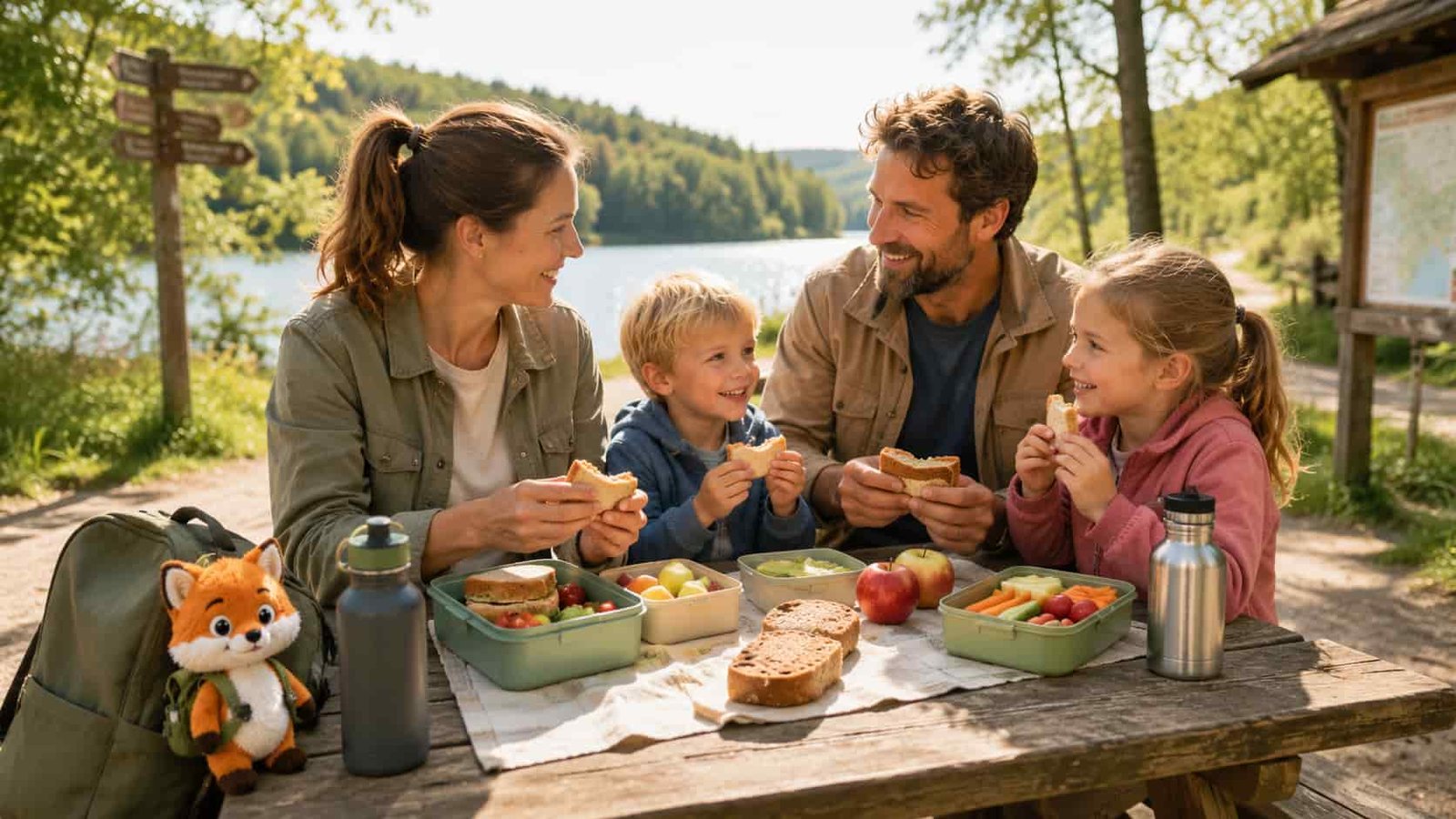 Familienpicknick mit Brotdose Obst und Wasserflaschen unterwegs