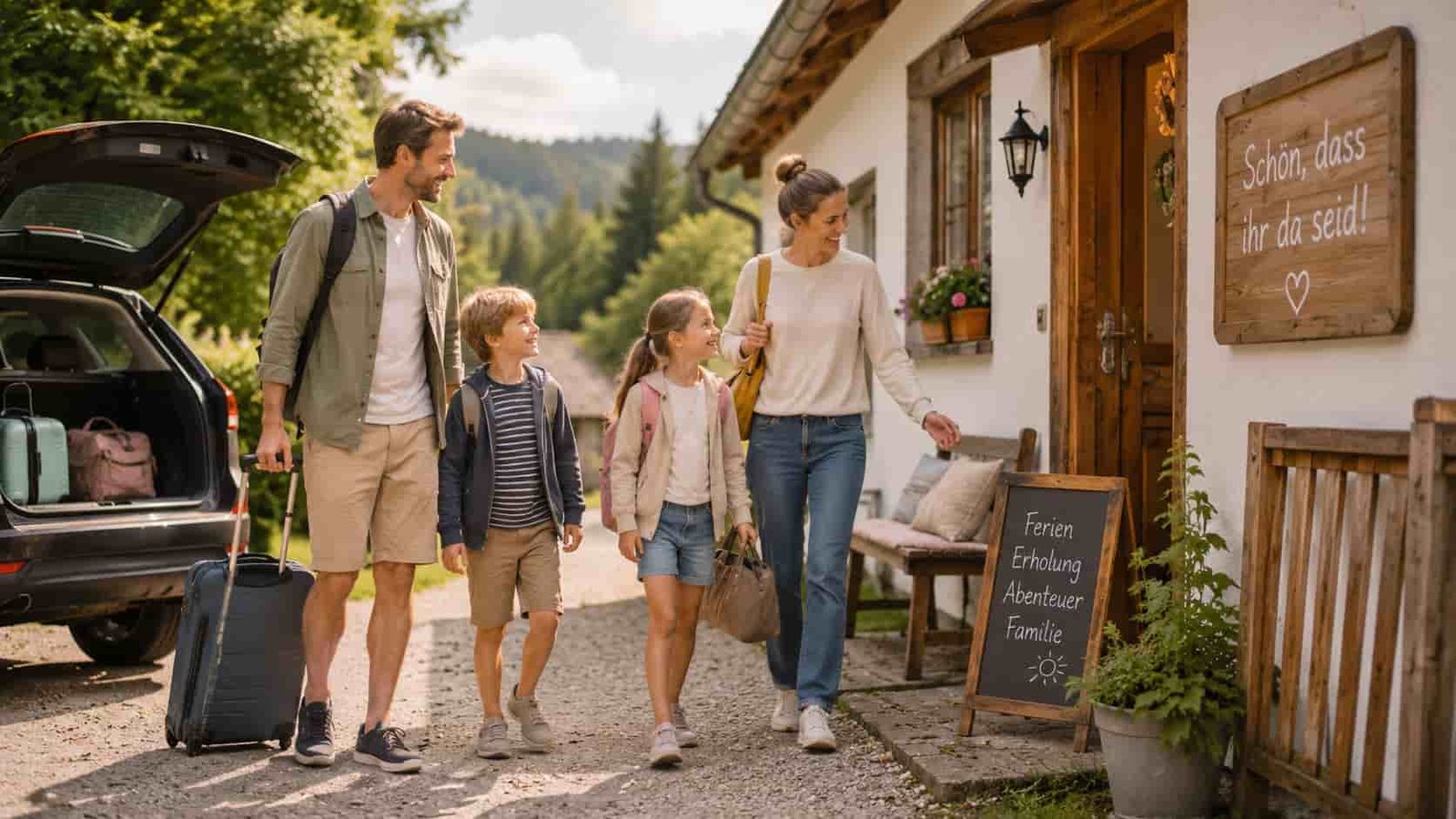 Familie kommt an einer einfachen Ferienunterkunft in Deutschland an