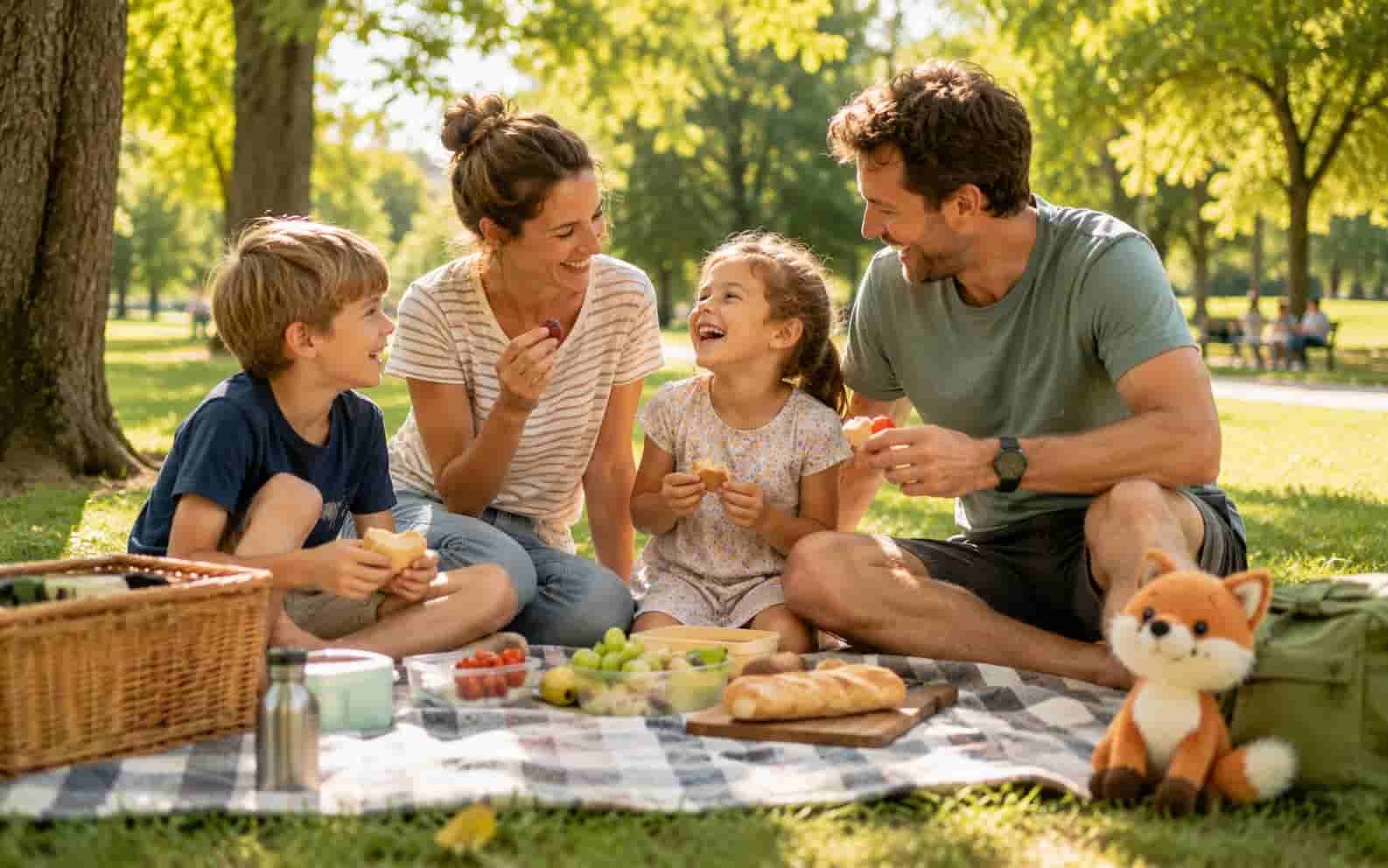 Familie macht ein günstiges Picknick im Park