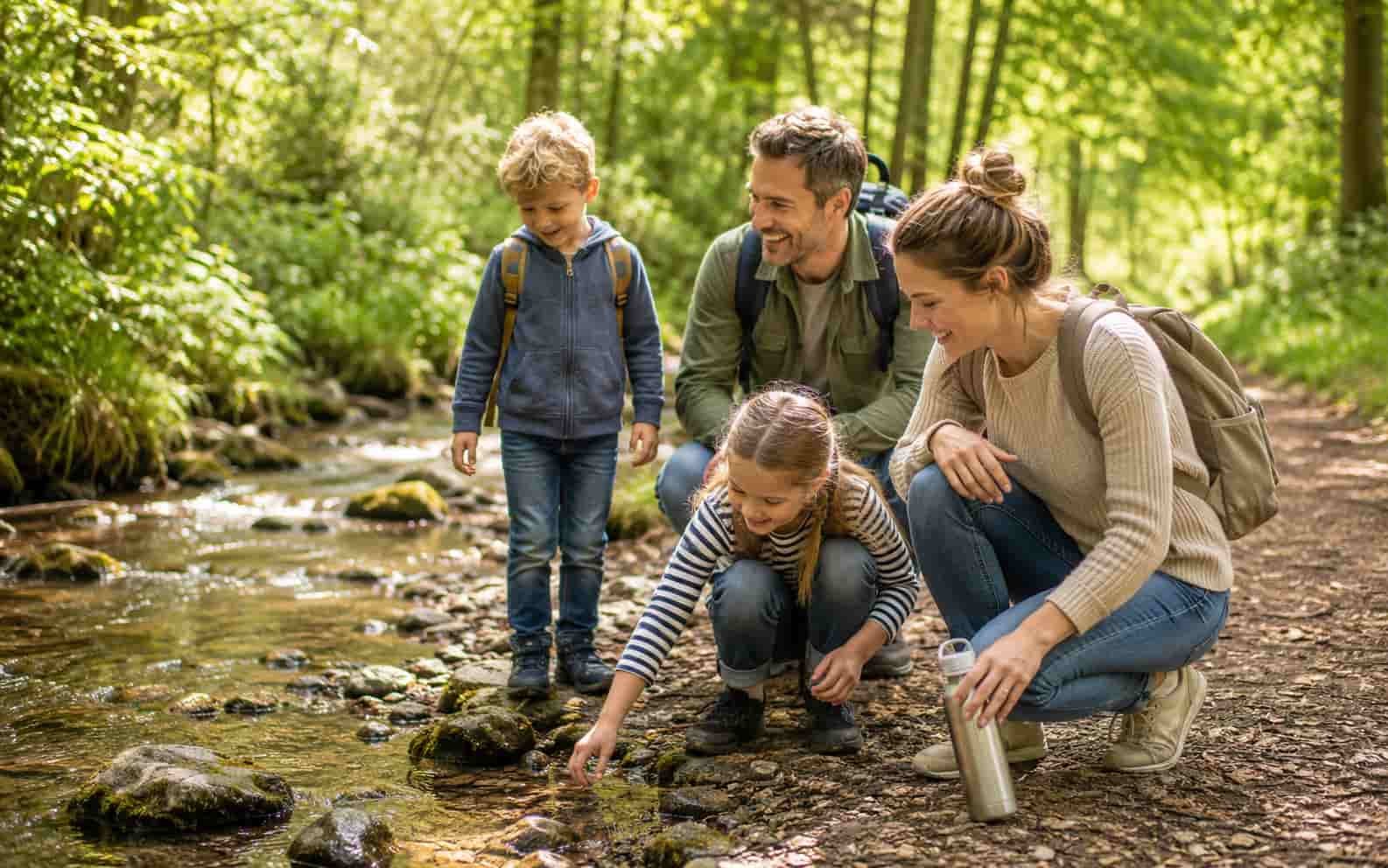 Familie erlebt einen kostenlosen Naturausflug mit Kindern