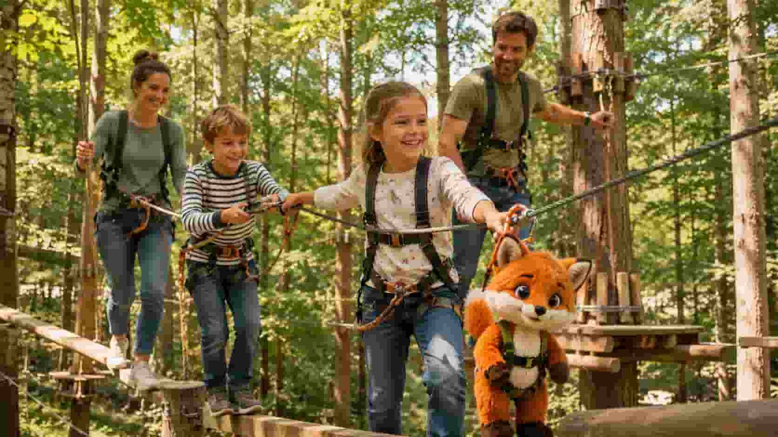 Familie mit Ferifuchs erlebt ein aktives Kletter- und Abenteuerangebot im Wald