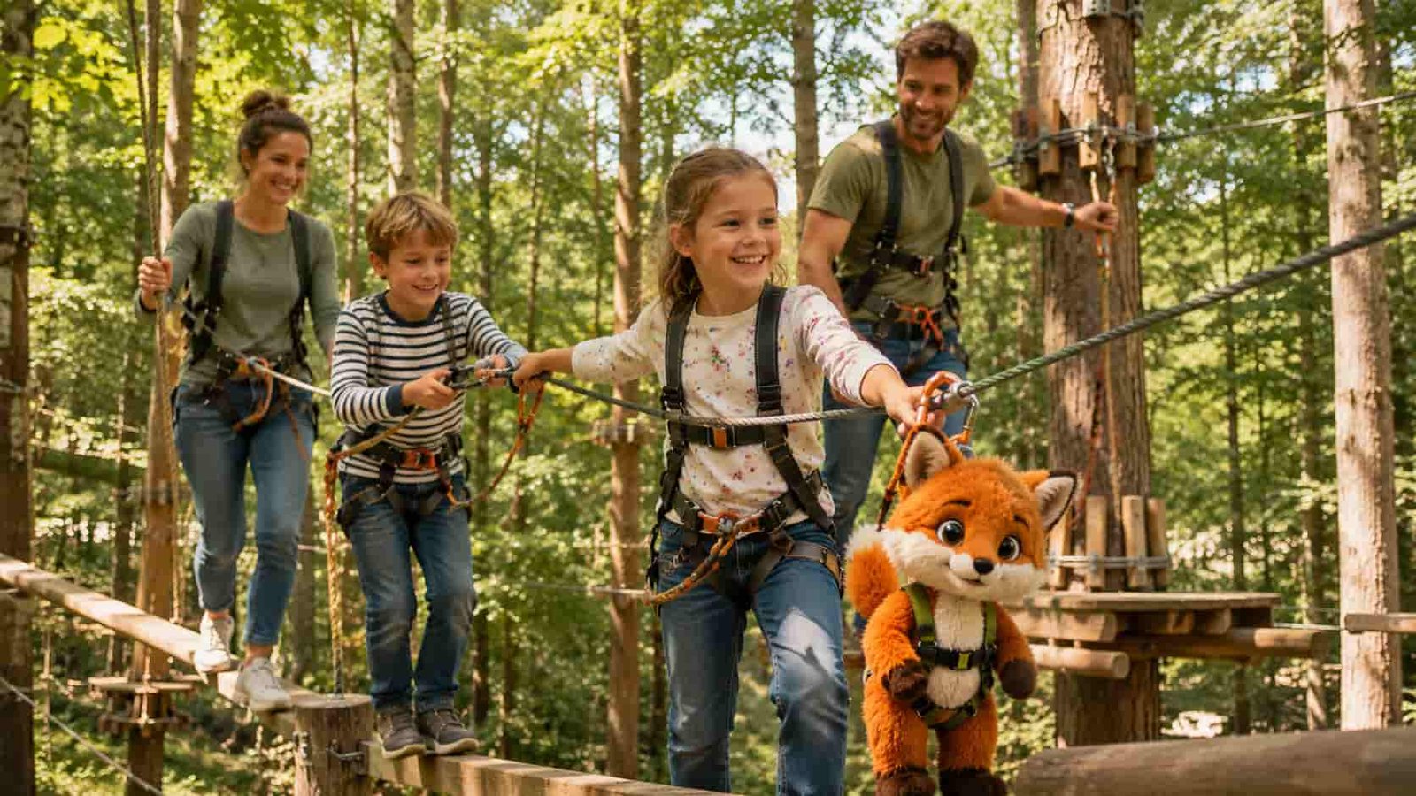 Familie mit Ferifuchs im Wald als allgemeines FeriFun-Familienbild