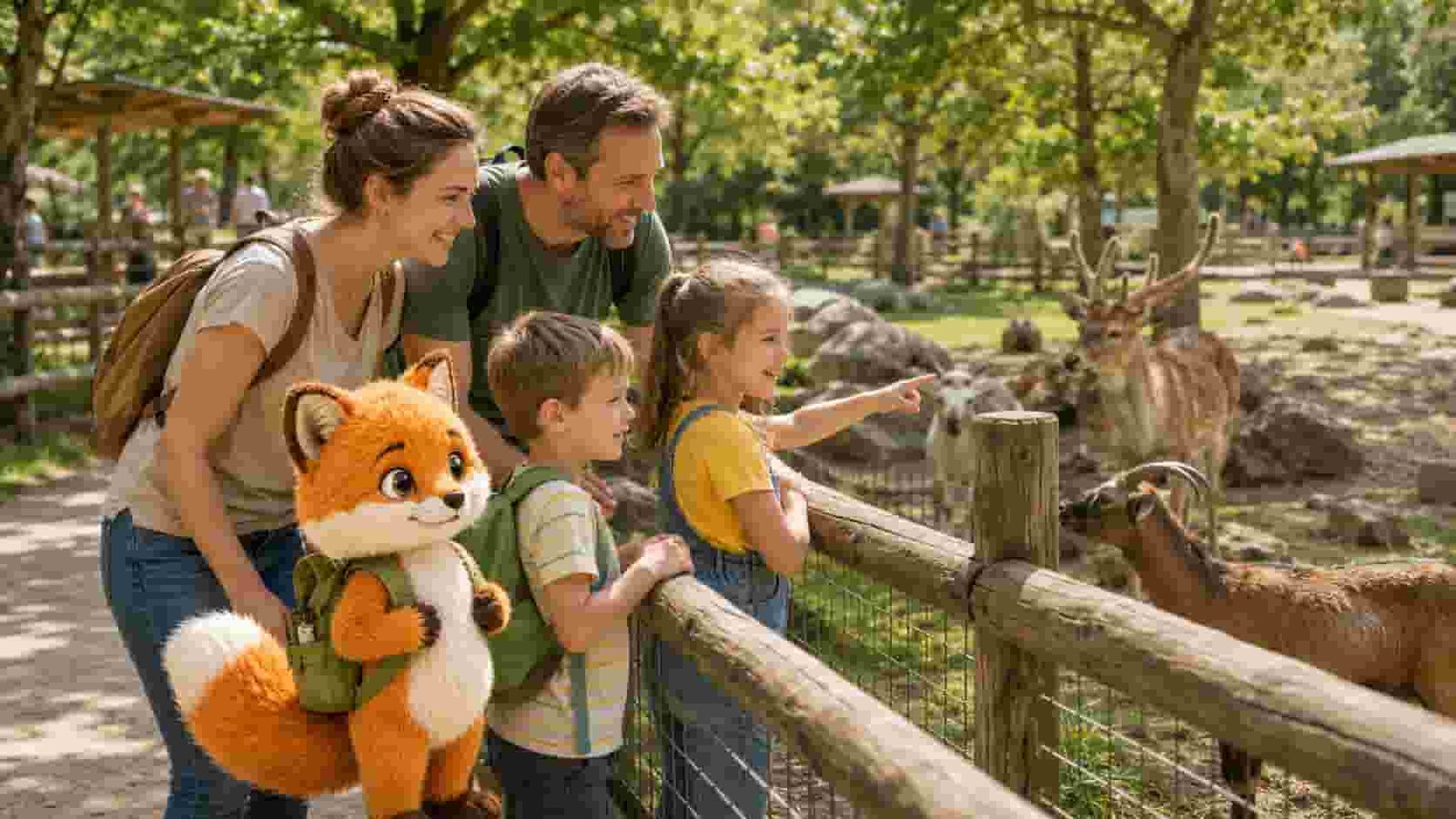 Familie mit Ferifuchs besucht einen Tierpark und beobachtet Tiere
