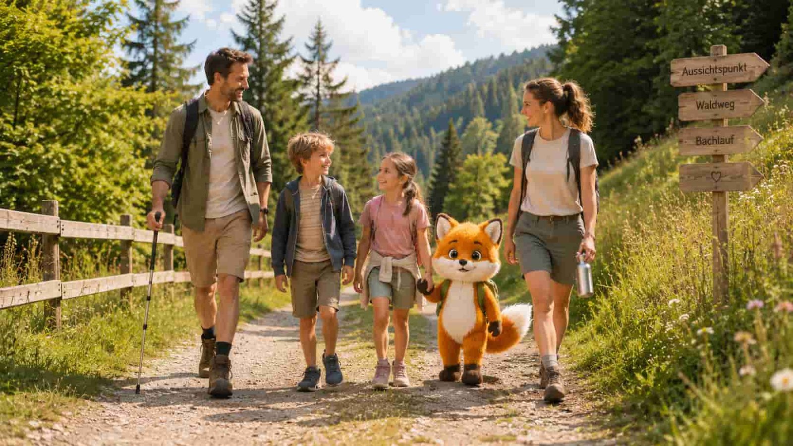 Familie mit Ferifuchs unterwegs in einer familienfreundlichen Ferienlandschaft